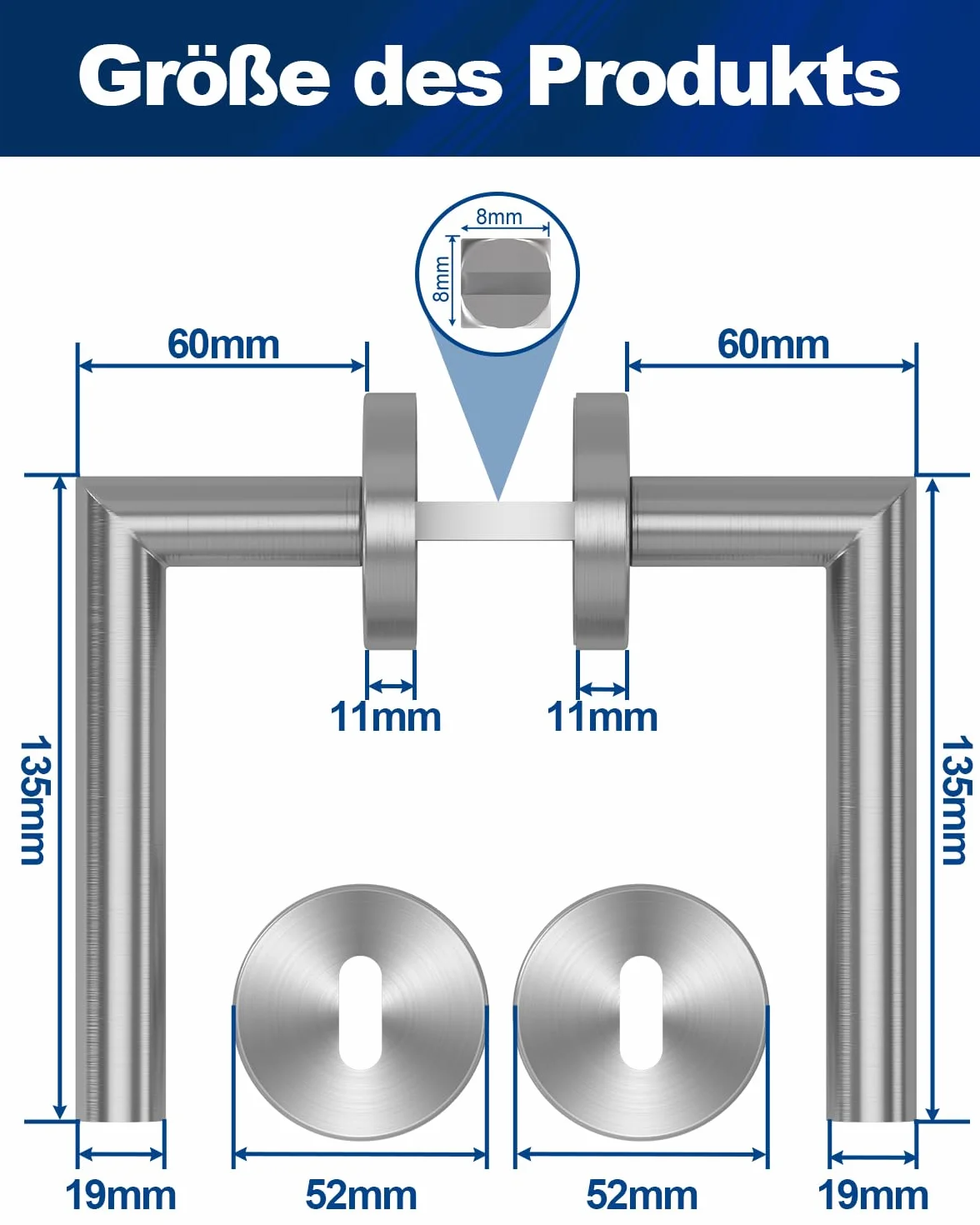 DIYGEEK Klamki do drzwi wewnętrznych, klamka do klamki do kompletu drzwi pokojowych, zestaw klamek ze stali nierdzewnej z rozetą Ø 52 mm BB-Buntbart, kształt litery L, srebrny szczotkowany