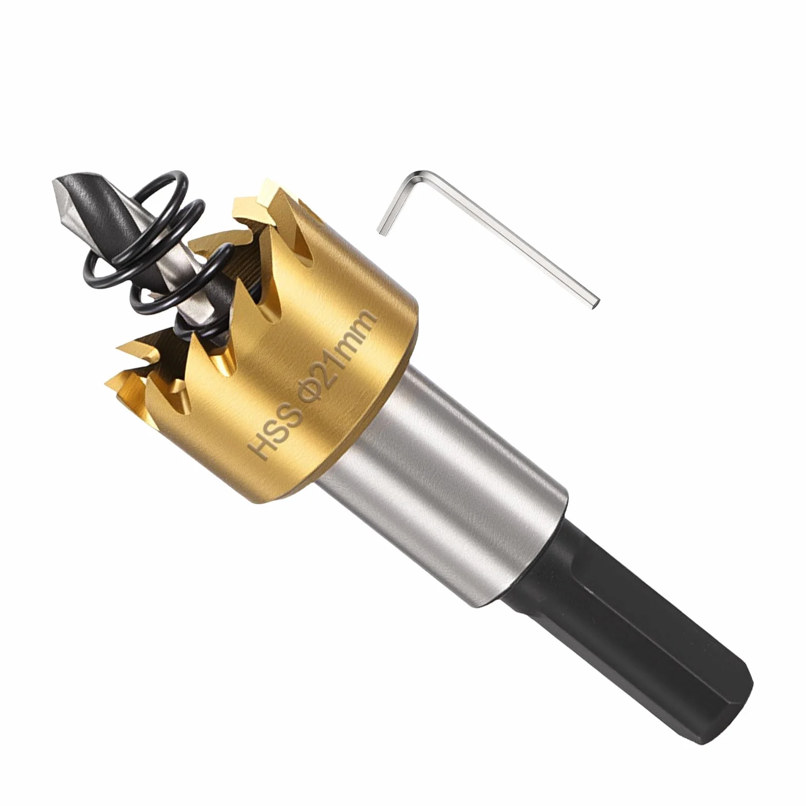 METALLIXITY Piła dziurkacza 21 mm, 4341 HSS Piła z kluczem sześciokątnym, końcówka prowadząca i sprężyna do wierteł, metal średni, plastikowe płyty i płyty PCV, złoty