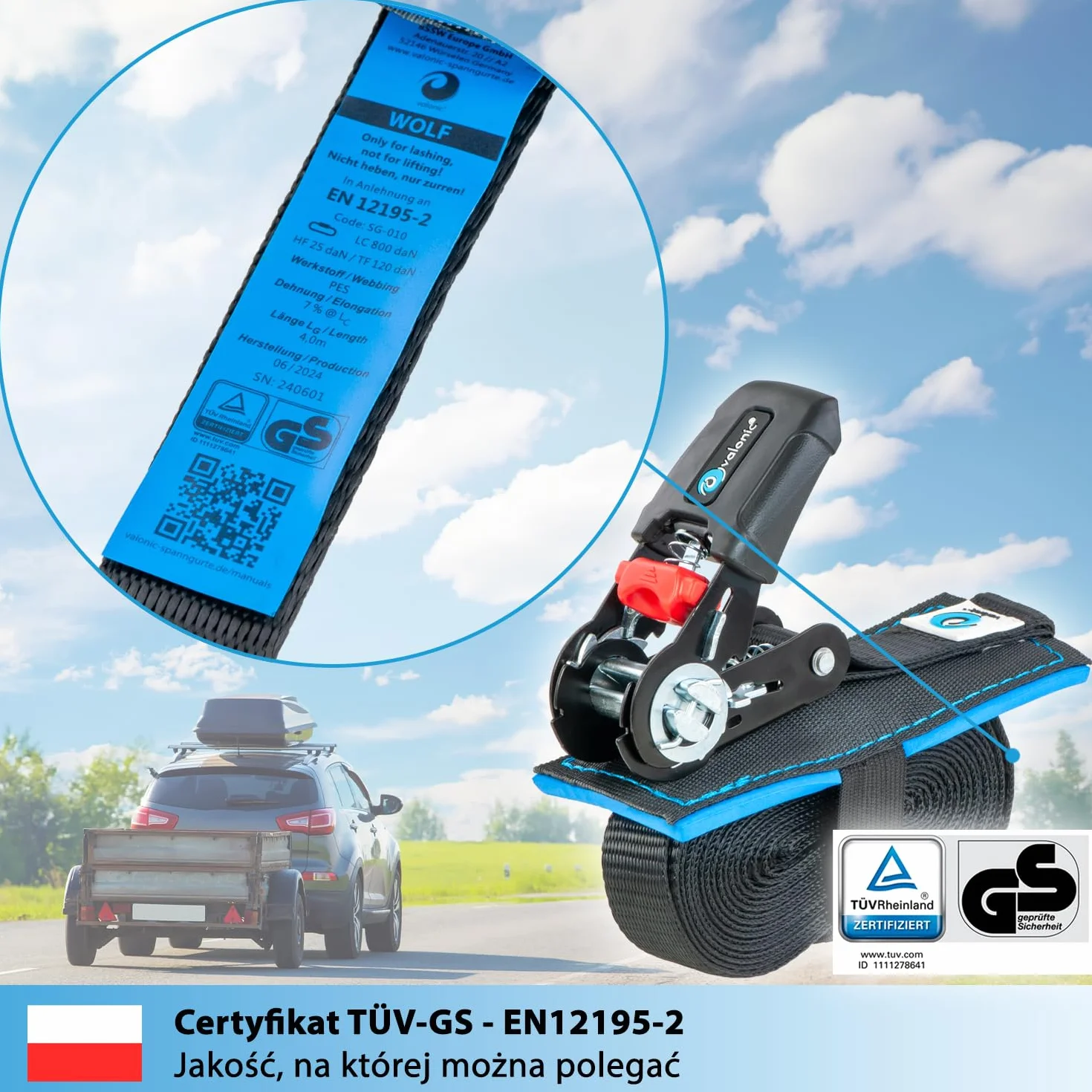 valonic WOLF - taśma grzechotkowa 6m - wyściełana, EN-12195-2, 800 Kg, czarna - taśmy grzechotkowe do zabezpieczania ładunków, 2 sztuki, 25mm