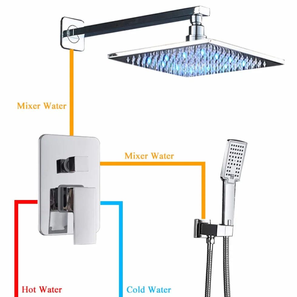 Bateria natryskowa do łazienki, chromowana, deszczownica LED, bateria do wanny, montowana na ścianie, bateria mieszająca do wanny i prysznica, bateria natryskowa do łazienki, zestaw natryskowy 12 ca