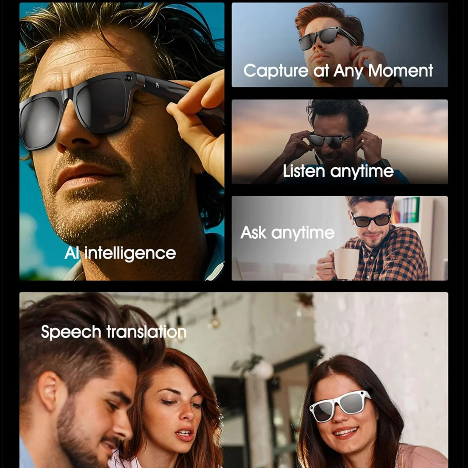Tosuny Inteligentne Okulary z kamerą 4K Bluetooth 5.4 Tłumaczenie AI Asystent Głosowy (Czarne)