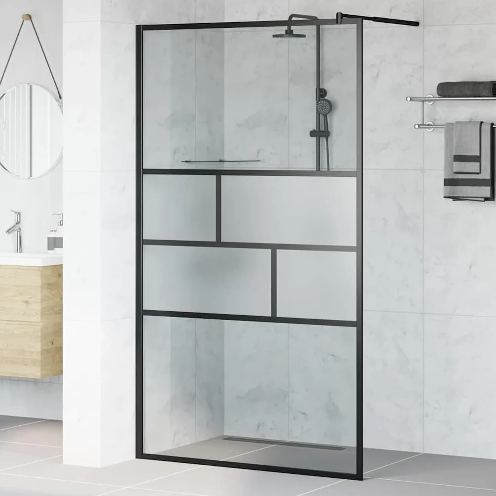 Ścianka prysznicowa Walk-in czarna ze szkła i aluminium, 115 x 195 x 0,5 cm, satynowane szkło ESG, przezroczyste wykończenie na górze i na dole, do łazienki i renowacji