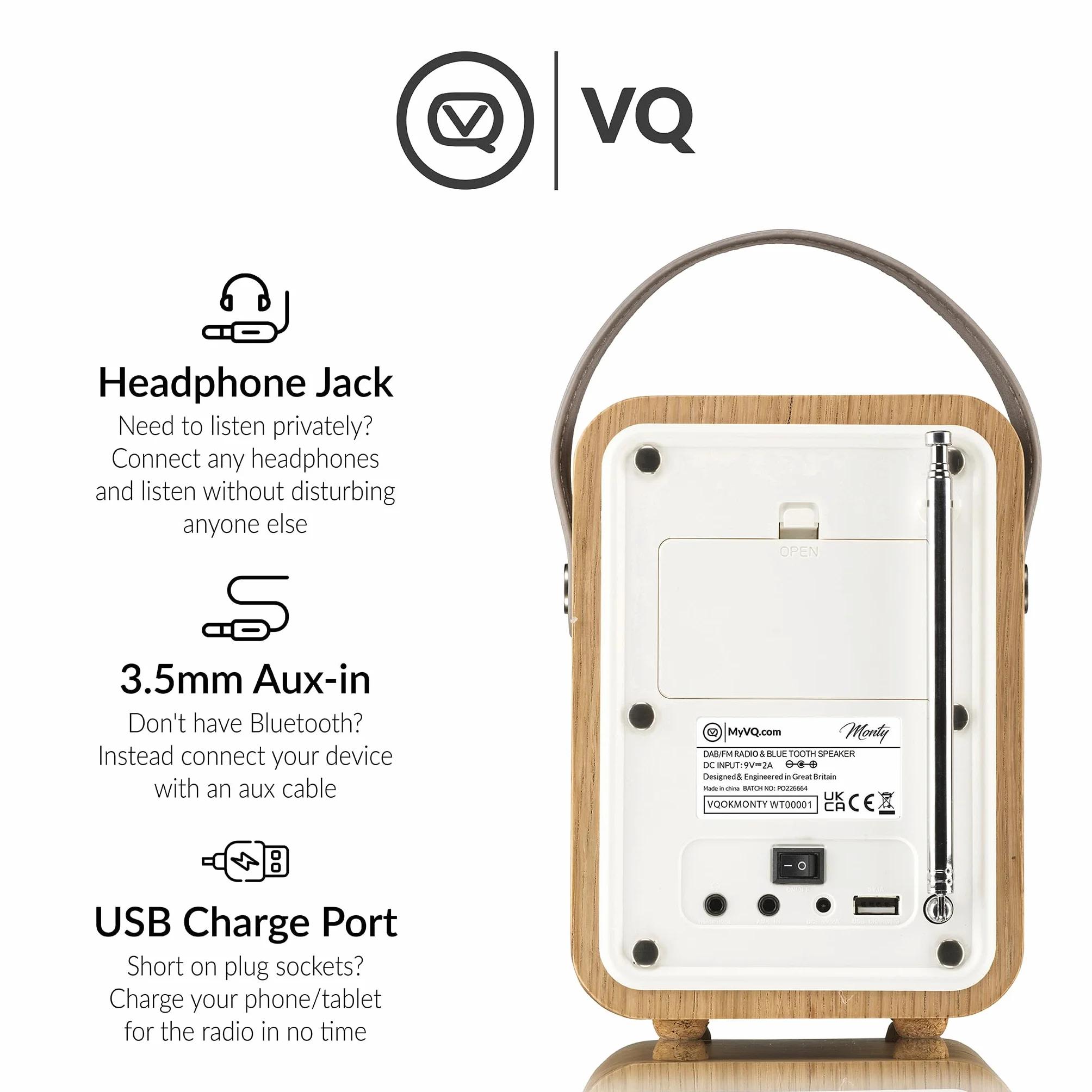 VQ Monty Dab Plus/Dab Radio z Bluetooth, FM i Funkcją Budzika - Zasilane z Sieci i Baterii Przenośne Radio z Anteną, Gniazdkiem Słuchawkowym i Portem Usb do Ładowania - Dąb