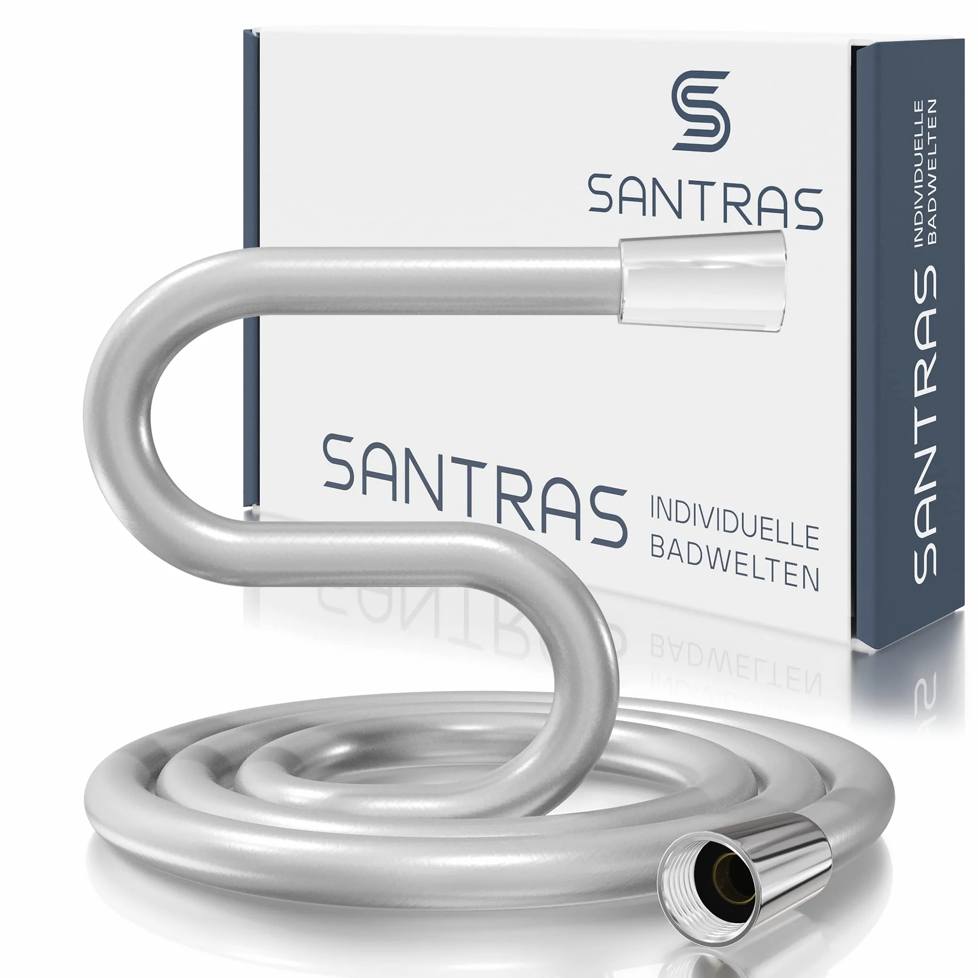 SANTRAS® Wąż prysznicowy Premium Chrome 1,50 m Made in Germany z funkcją oszczędzania wody – wyjątkowo elastyczny i odporny na skręcanie z ogranicznikiem przepływu – wąż prysznicowy o wyglądzie stali