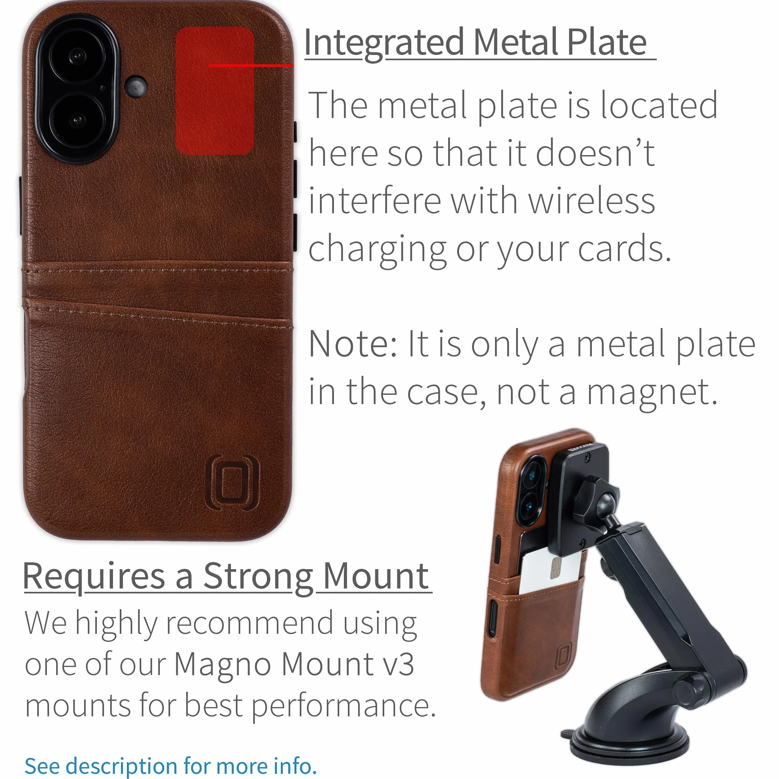 Dockem Etui na Karty V2 do iPhone 16 z Wycięciem na Kontrolę Aparatu, Wbudowaną Metalową Płytką i 2 Kieszonkami na Karty: M2 Exec Portfelowa Obudowa Premium ze Sztucznej Skóry (Brazowy)