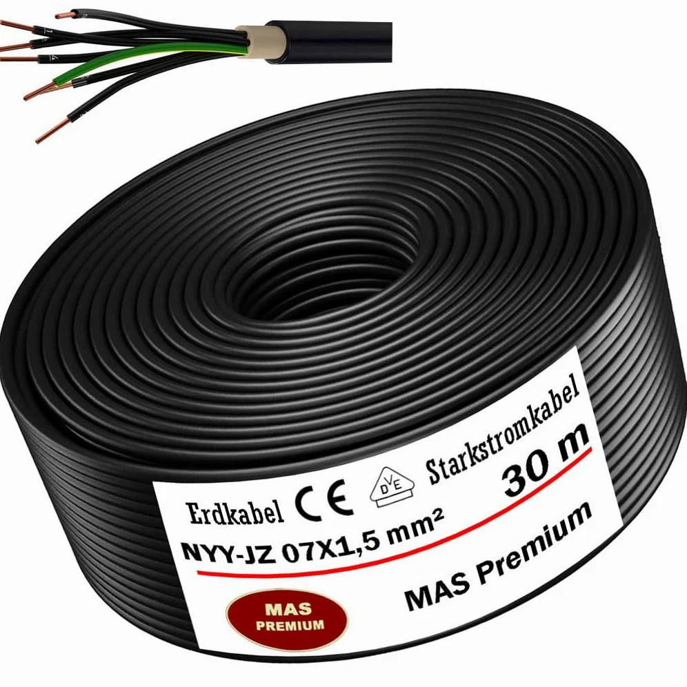 MAS Premium Kabel ziemny, kabel zasilający 5-100 m NYY-JZ 7 x 1,5, 2,5 lub 4, kabel elektryczny zwój, do układania na wolnym powietrzu, w ziemi (NYY-JZ 7 x 1,5 mm², 30 m)