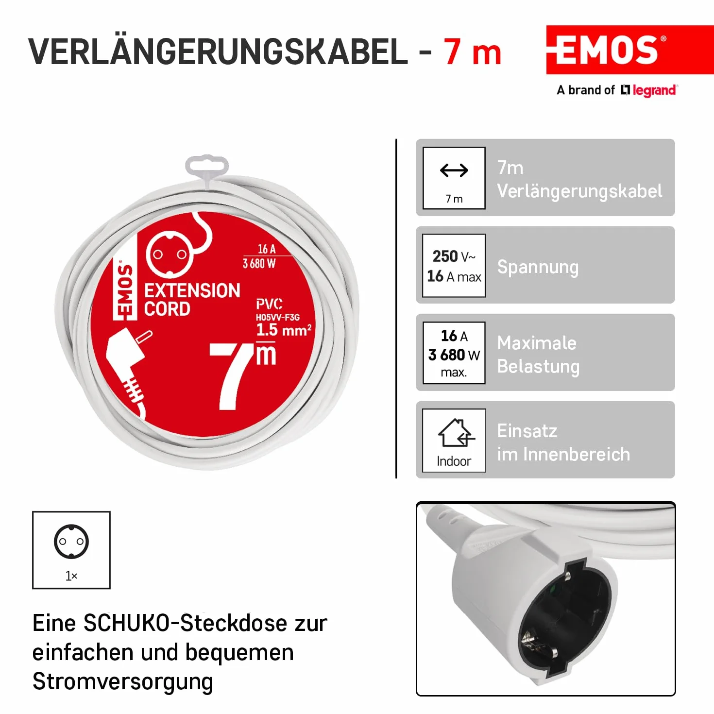 EMOS Przedłużacz IP20 7m 1 gniazdo Schuko 250V 16A 3680W H05VV-F3G 1,5mm² biały