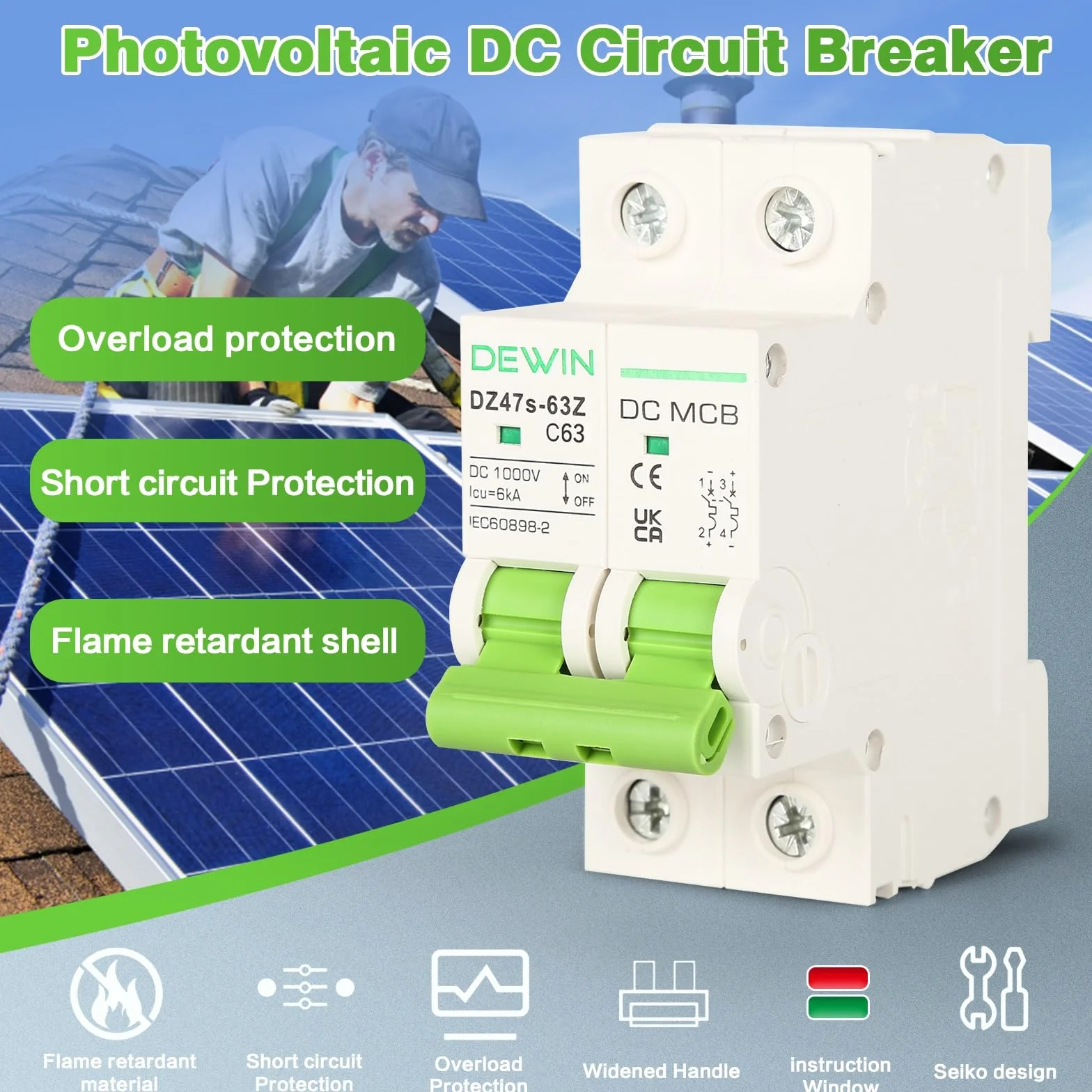 DEWIN Wyłącznik DC, 2P 63A DC1000V fotowoltaiczny miniaturowy wyłącznik przed przeciążeniem do systemu solarnego PV
