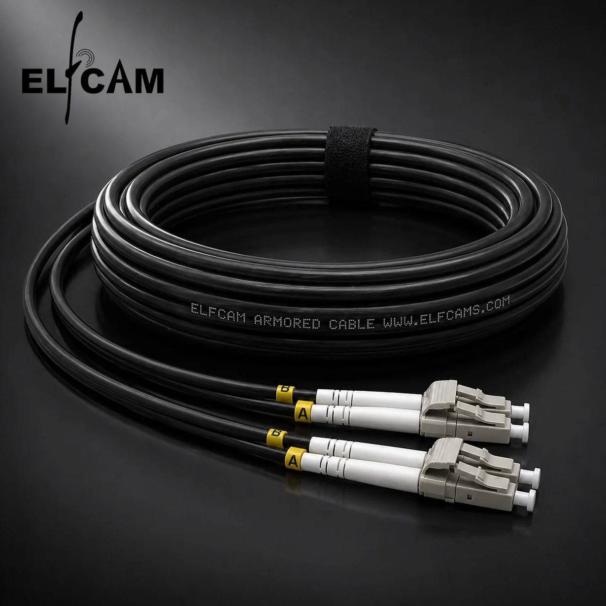 Elfcam® - 40 m na zewnątrz i wewnątrz ekranowany opancerzony kabel światłowodowy LC/UPC do LC/UPC OM3 Multimode Duplex 50/125μm LSZH, czarny, 40 metrów