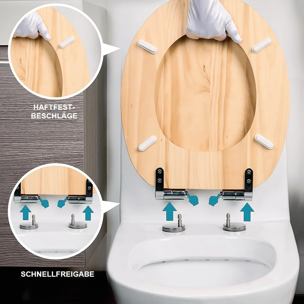 Deska sedesowa z litego drewna sosnowego, wolnoopadająca, szybkie zapięcie i Easy-Clean, Soft-Touch PIKLiDS