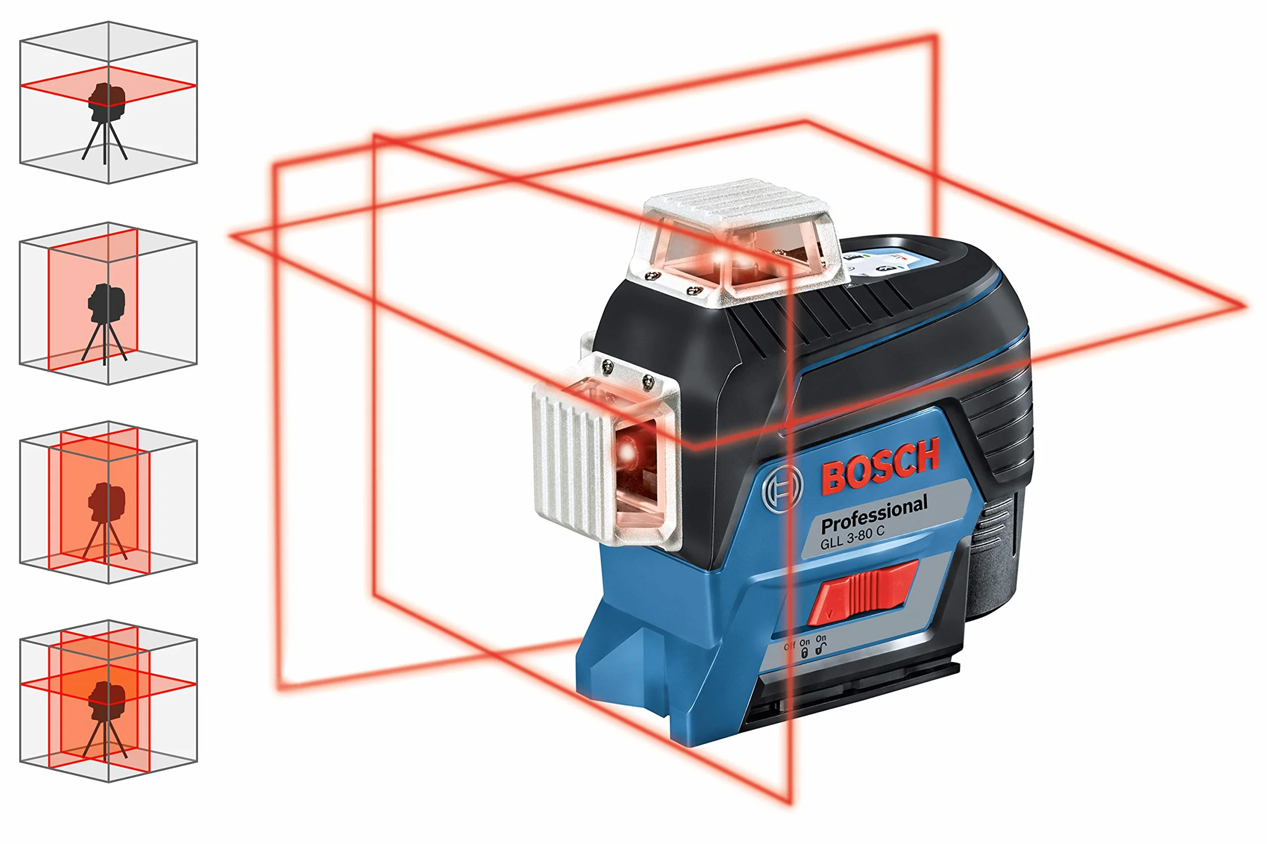 Bosch Professional system 12V: laser liniowy GLL 3-80 C (1 akumulator GBA 12V 2.0Ah, czerwona wiązka, współpraca z aplikacją, uchwyt, odbiornik, zasięg pracy: 30 m, walizka L-BOXX)