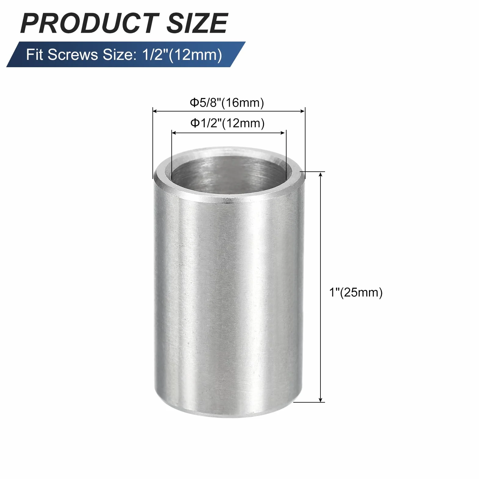 QUARKZMAN 5 sztuk tulejek dystansowych ze stali nierdzewnej, 12 mm ID x 16 mm OD x 25 mm L 304 stal szlachetna okrągłe wsporniki dystansowe bez gwintu do śrub 1/2" lub M12