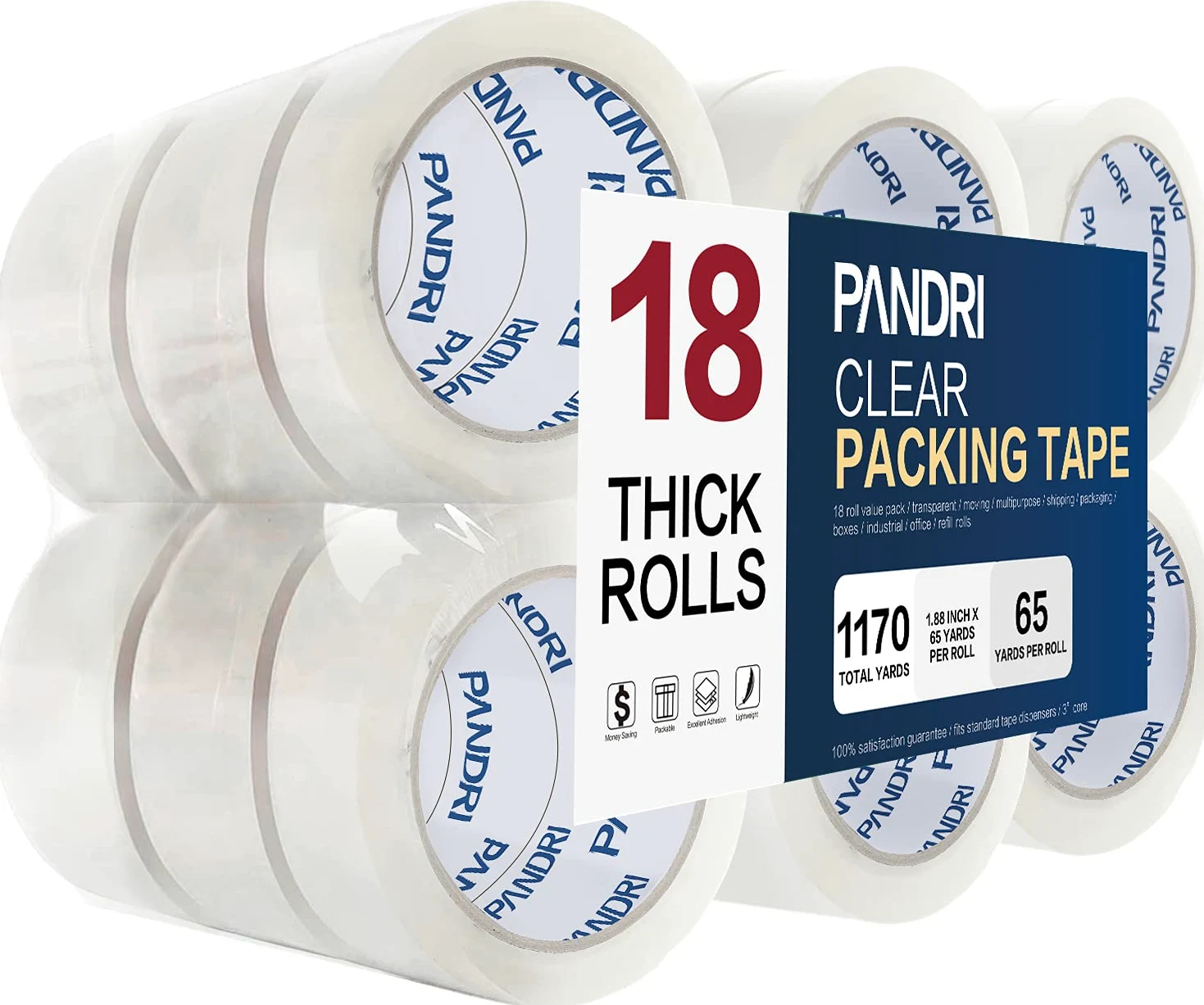 Przezroczysta taśma do pakowania, PANDRI 18 rolek, wytrzymała taśma pakująca do pakowania przesyłki, ruchome uszczelnienie, 4,8 cm szerokości, 65 jardów na rolkę, łącznie 1170 jardów