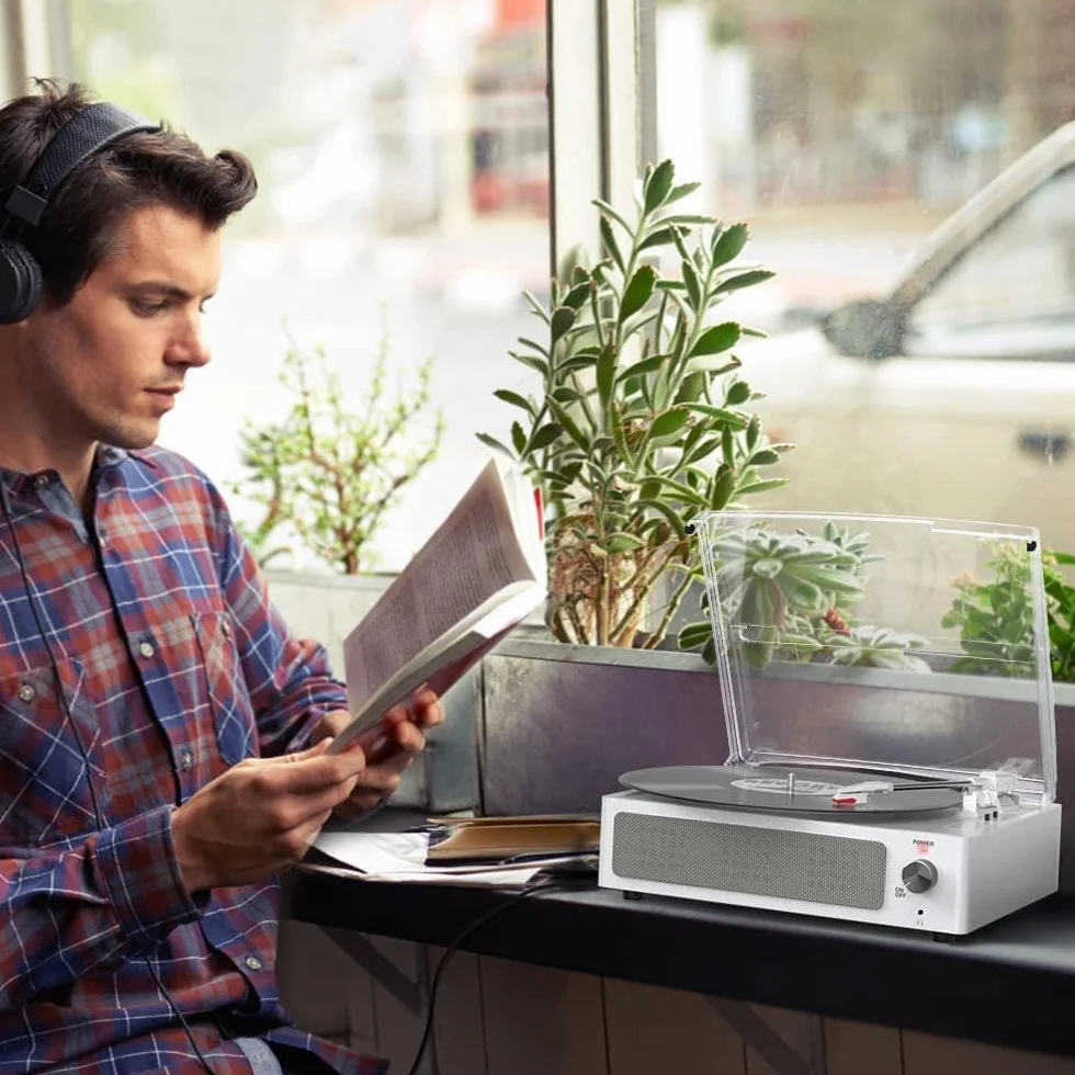 Gramofon bezprzewodowy LP z winylem, 3-biegowy napęd pasowy, retro biały