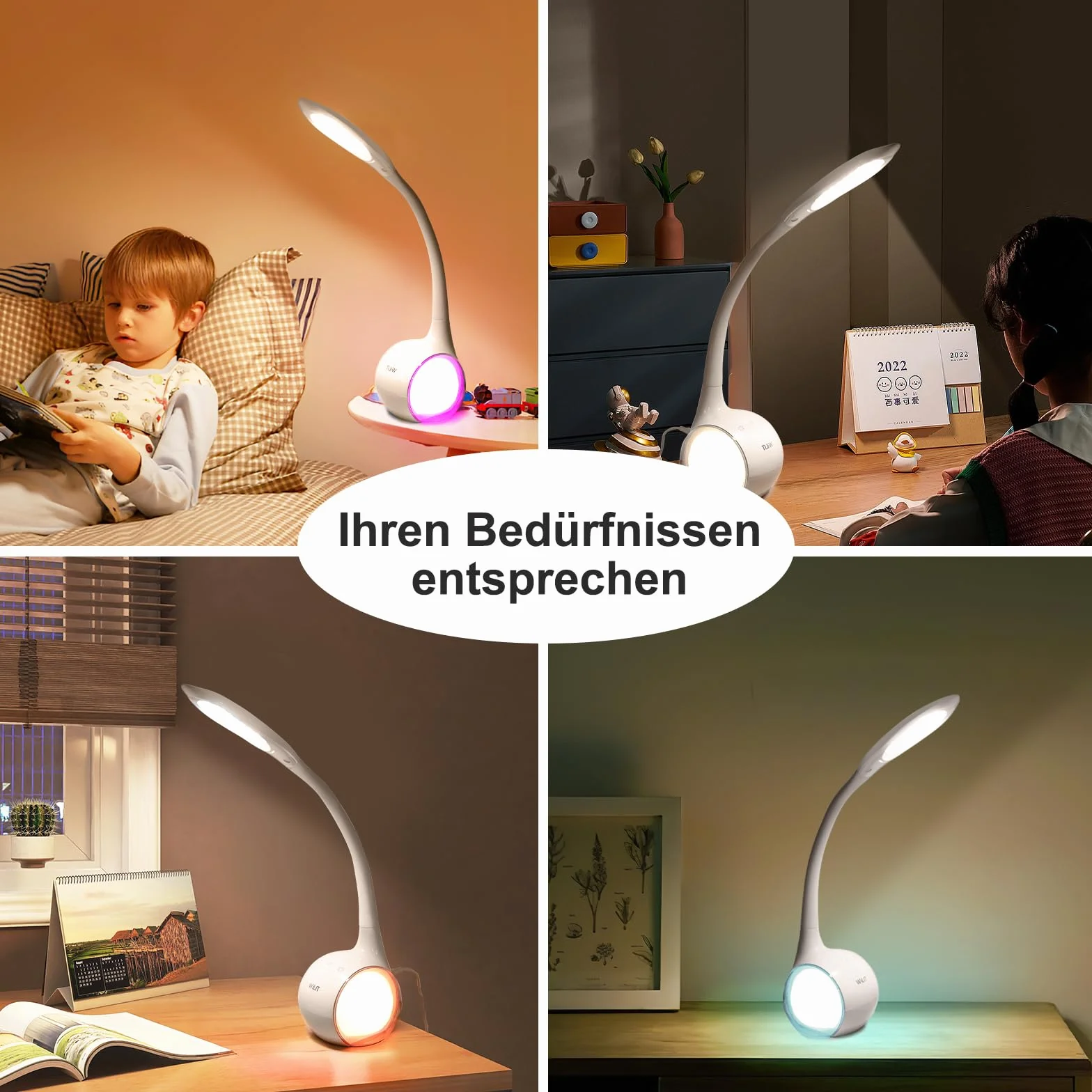 WILIT Lampka biurkowa LED dla dzieci, zmiana kolorów, lampka nocna dla dzieci, chłopców, dziewczynek, dotykowa, ściemniana, 3 poziomy jasności, biała