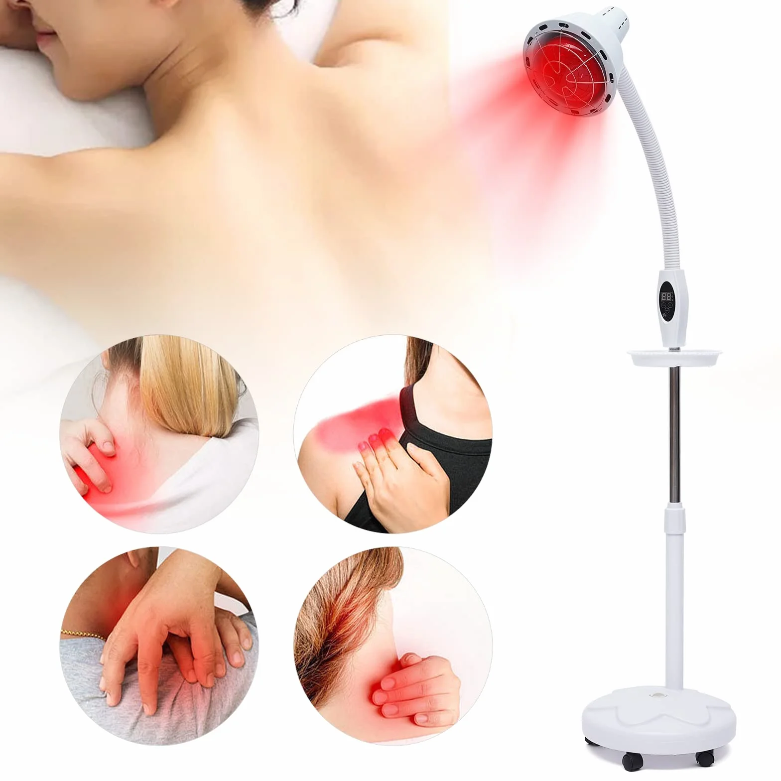 Terapia cieplna na podczerwień, czerwone światło, stojak podłogowy, lampa grzewcza z pilotem zdalnego sterowania, regulowane kółka 360°, 275 W