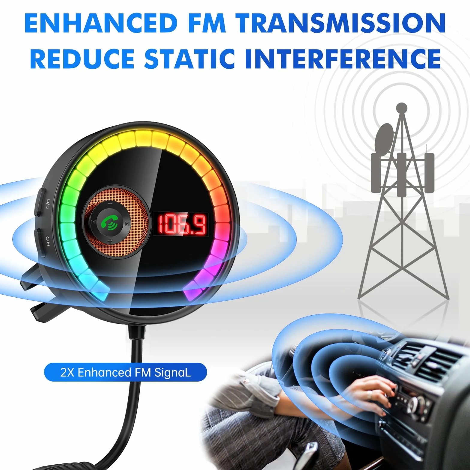Samochodowy adapter Bluetooth 5.4 FM Nadajnik LED Radio Odtwarzacz Muzyczny Głośnomówiący czarny