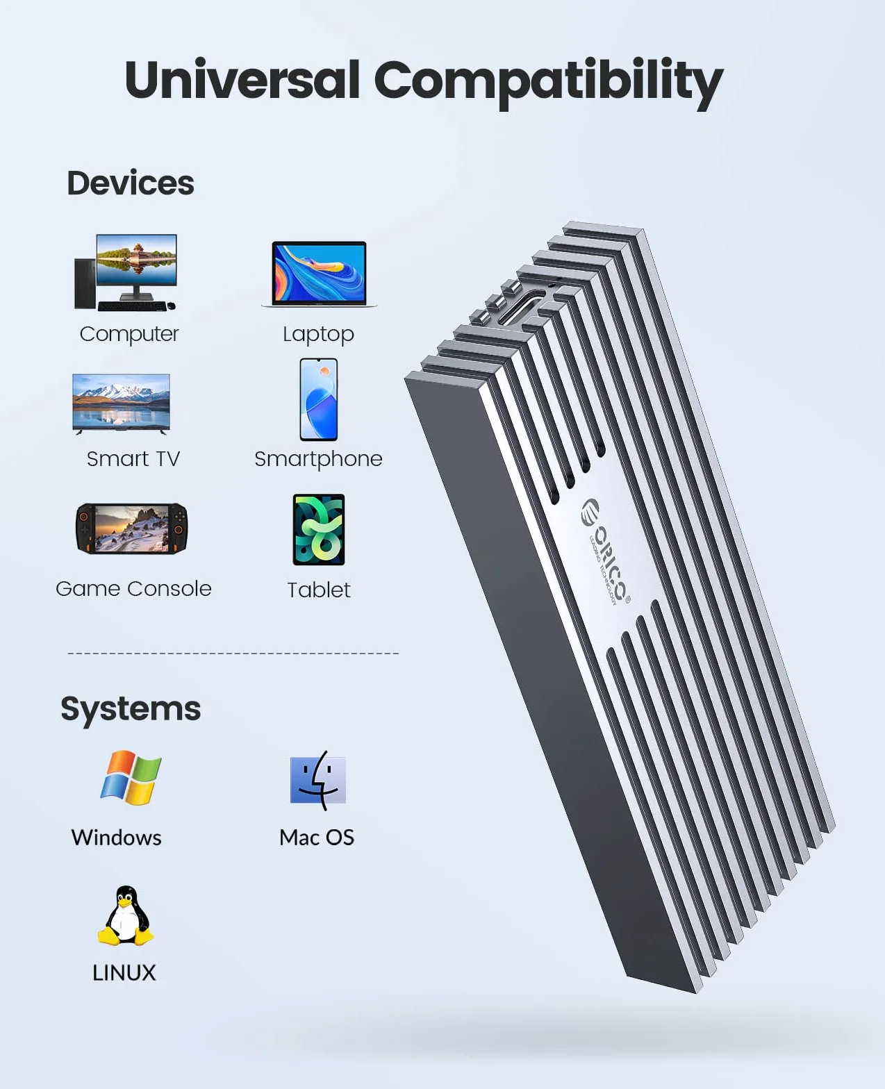 ORICO M.2 NVMe SSD obudowa USB3.2 Gen2x2 20 Gbps USB-C PCIe adapter NVMe M-Key/M+B Key 2230/2242/2260/2280 aluminium Heatsink UASP Trim 4 TB M233GY