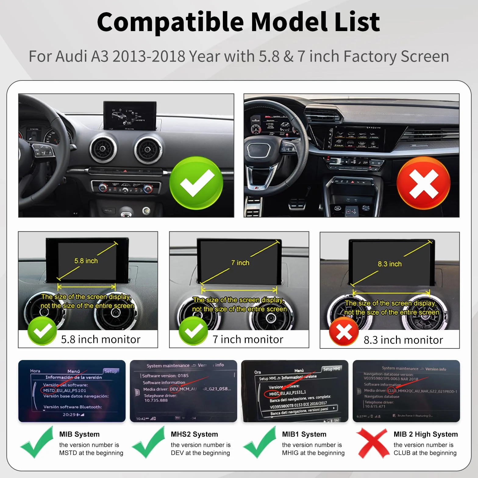 Road Top Bezprzewodowy Carplay Android Auto dla Audi A3 2013-2018 Rok, Dekoder zestawu modernizacyjnego Carplay, Obsługa Siri Mirror Link, Kamera wsteczna, Nawigacja