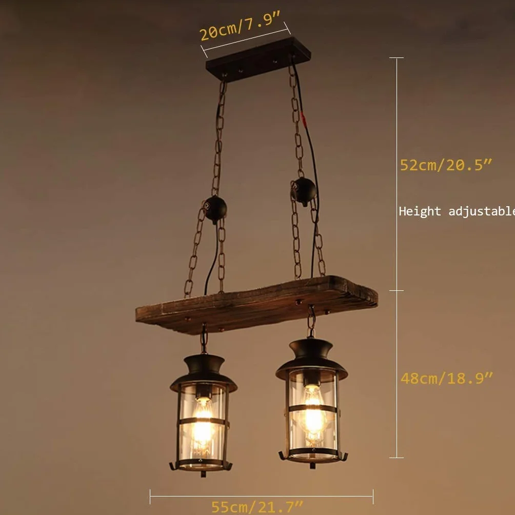 Lampa wisząca z drewna, przemysłowa lampa wisząca w stylu vintage, oświetlenie wewnętrzne, żyrandol loft, żelazo i szkło, abażur z regulacją wysokości, do jadalni, baru, salonu, lampa sufitowa