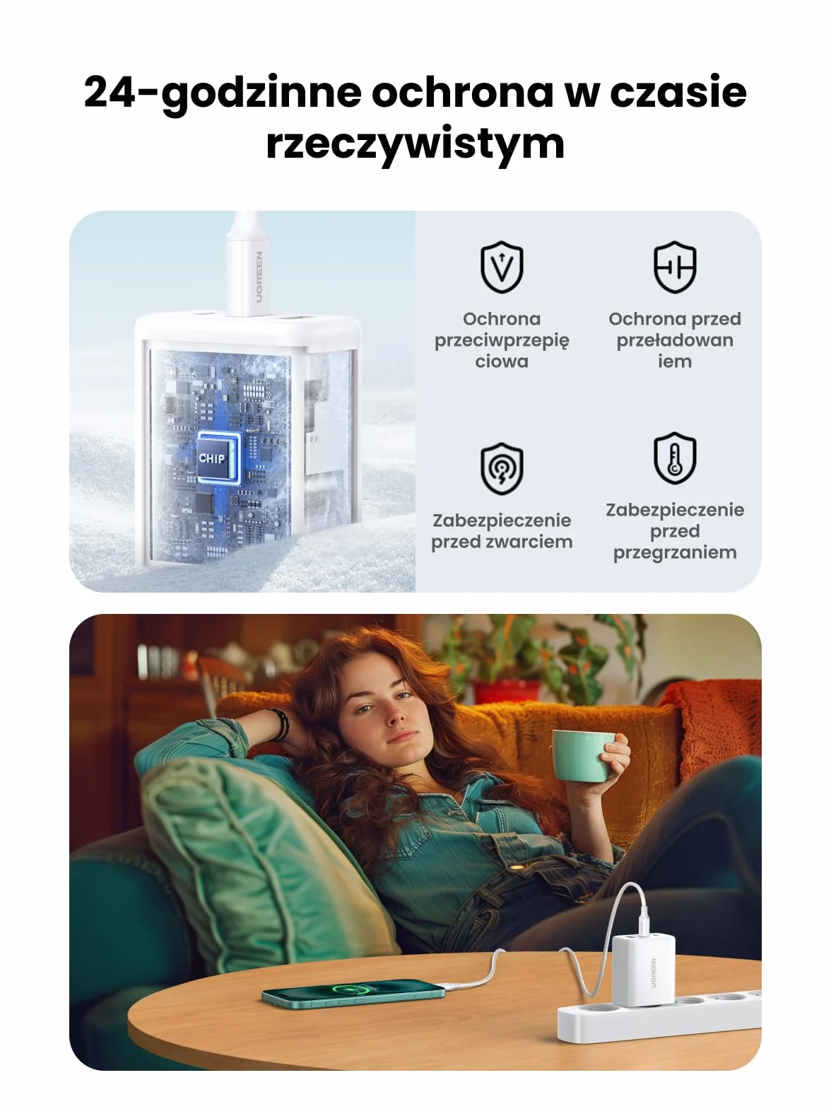 UGREEN 65W 3-portowa szybka ładowarka USB C kompatybilna z MacBook Pro, iPhone, Galaxy S23 Ultra, S22, S21 (Biały)