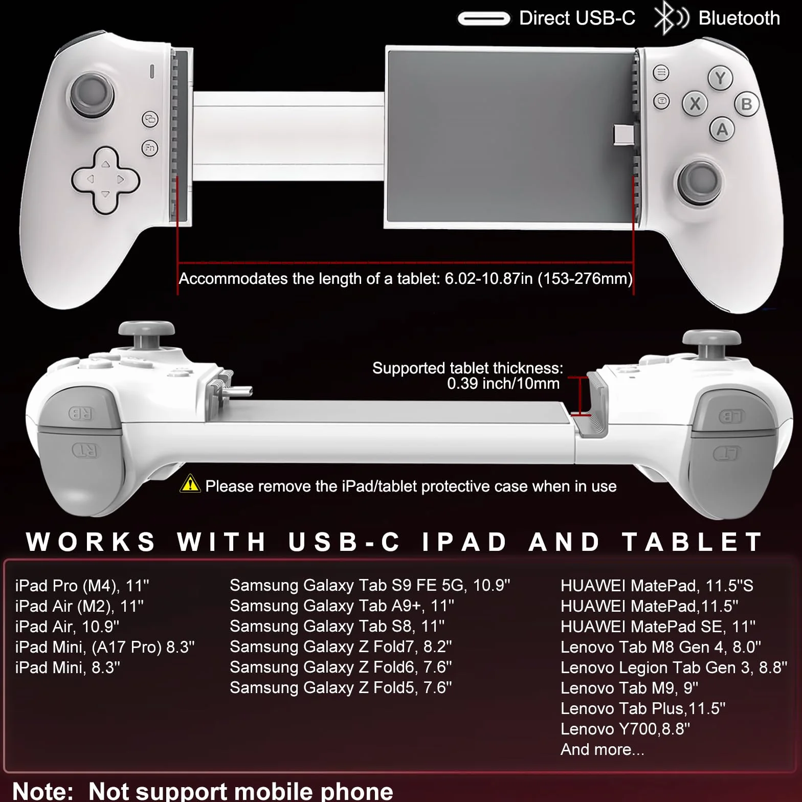 Kontroler USB C do iPada/tabletu 6,7-11 cala, joystick Plug and Play, Remote Play Controller do PS5/Xbox/PC, Cloud Game, Hall Rocker/Trigger, Passthrough Charging