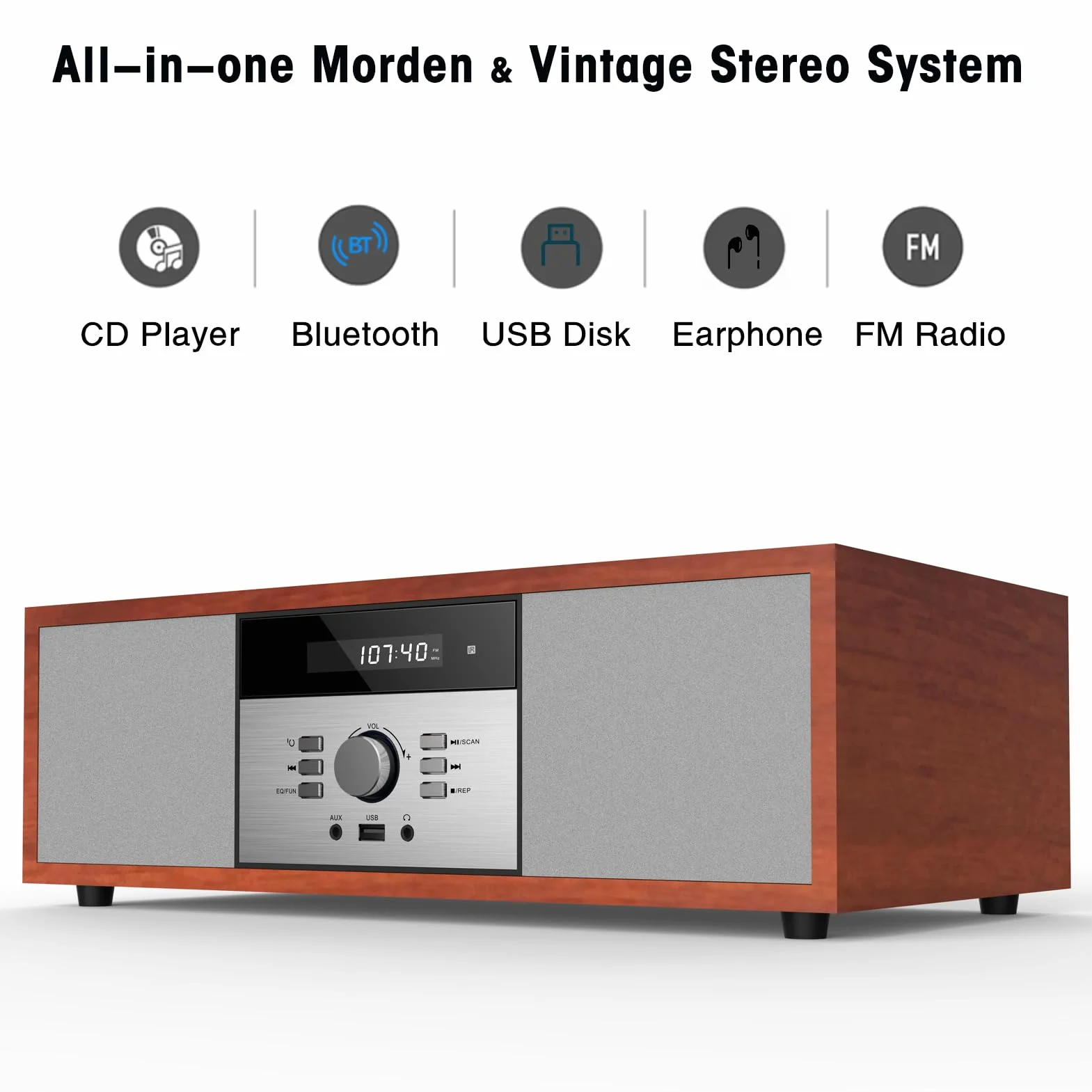 WISCENT Vintage Micro HiFi System Odtwarzacz CD Bluetooth Radio FM USB Aux-in