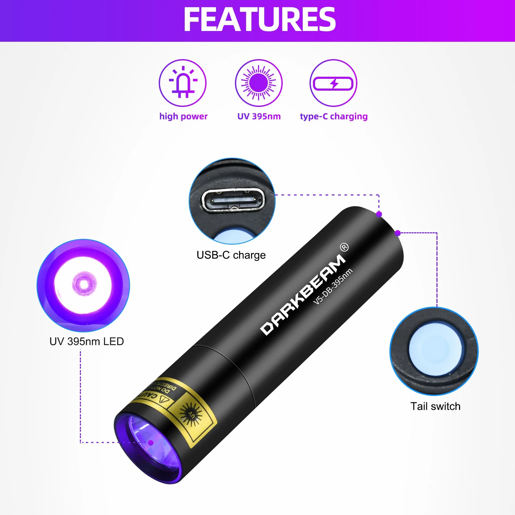 DARKBEAM Latarka UV 395nm Blacklight, Mini Potężna Lampa Leśna USB-C Akumulator, Latarki LED Ultrafioletowe Wykrywacz moczu zwierząt domowych do skał, szkła uranowego, utwardzania żywicy