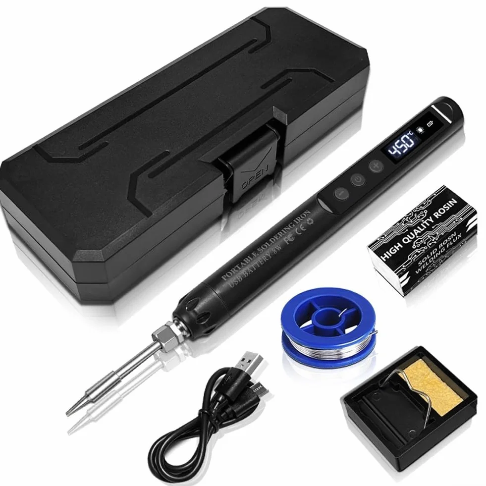 Zestaw lutownicy bezprzewodowej USB C z wyświetlaczem temperatury LCD, regulowanymi ustawieniami ciepła i wymiennymi końcówkami do precyzyjnej elektroniki i pracy jubilerskiej (G)