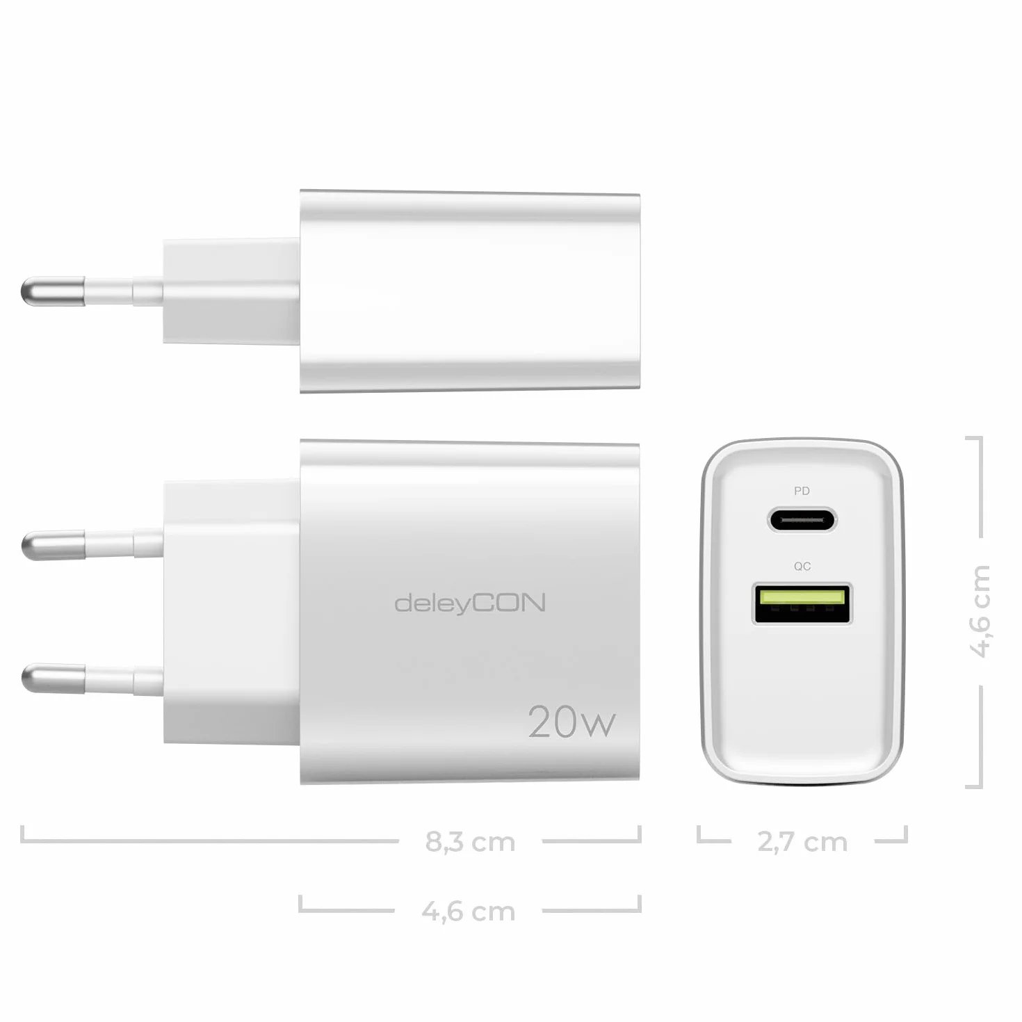 deleyCON Ładowarka USB-A i C 2 Porty PD 3.0 Szybkie Ładowanie Biała