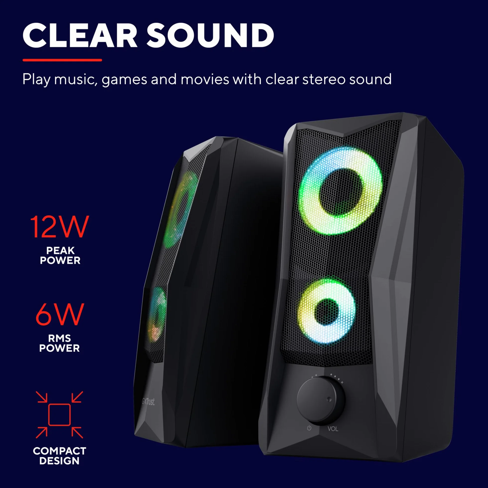Trust Gaming GXT 606B Javv 2.0 PC głośnik z oświetleniem RGB LED, 12 W (6 W RMS), zasilanie USB, kompaktowe głośniki PC, zestaw głośników, głośniki gamingowe do komputera i laptopa – czarny