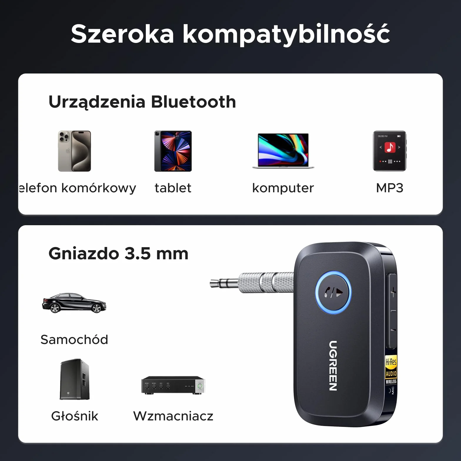 UGREEN Adapter Bluetooth samochodowy LDAC Hi-Res Audio Gold Standard 17h baterii odbiornik Jack
