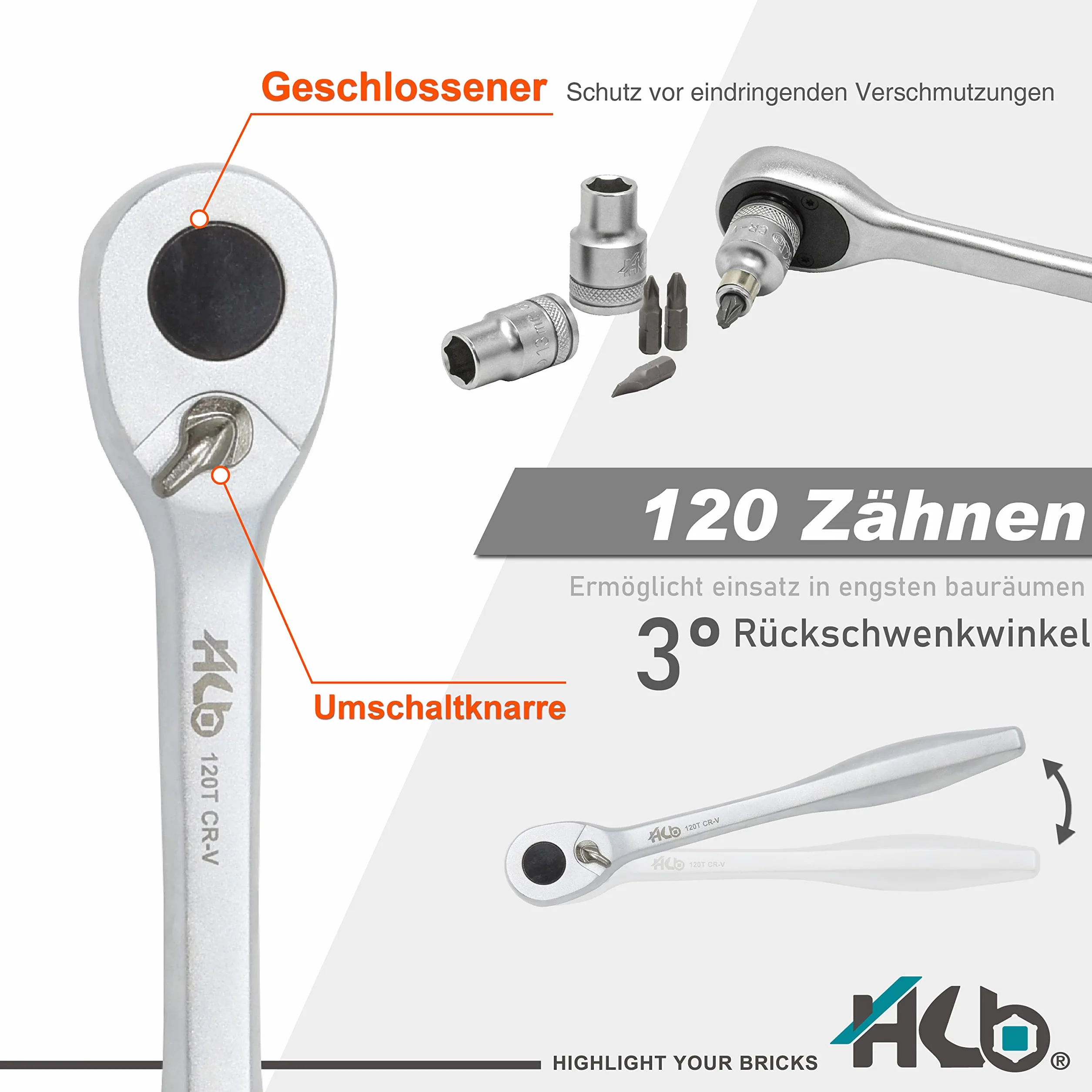 HB Zestaw Nasadek 32 Sztuki 1/2" z Grzechotką 120 Zębów Rewersyjną i Uszczelnioną, Bity Torx PZ PH SL HEX, Przedłużka, Stojak, Made in Taiwan AKM023-G