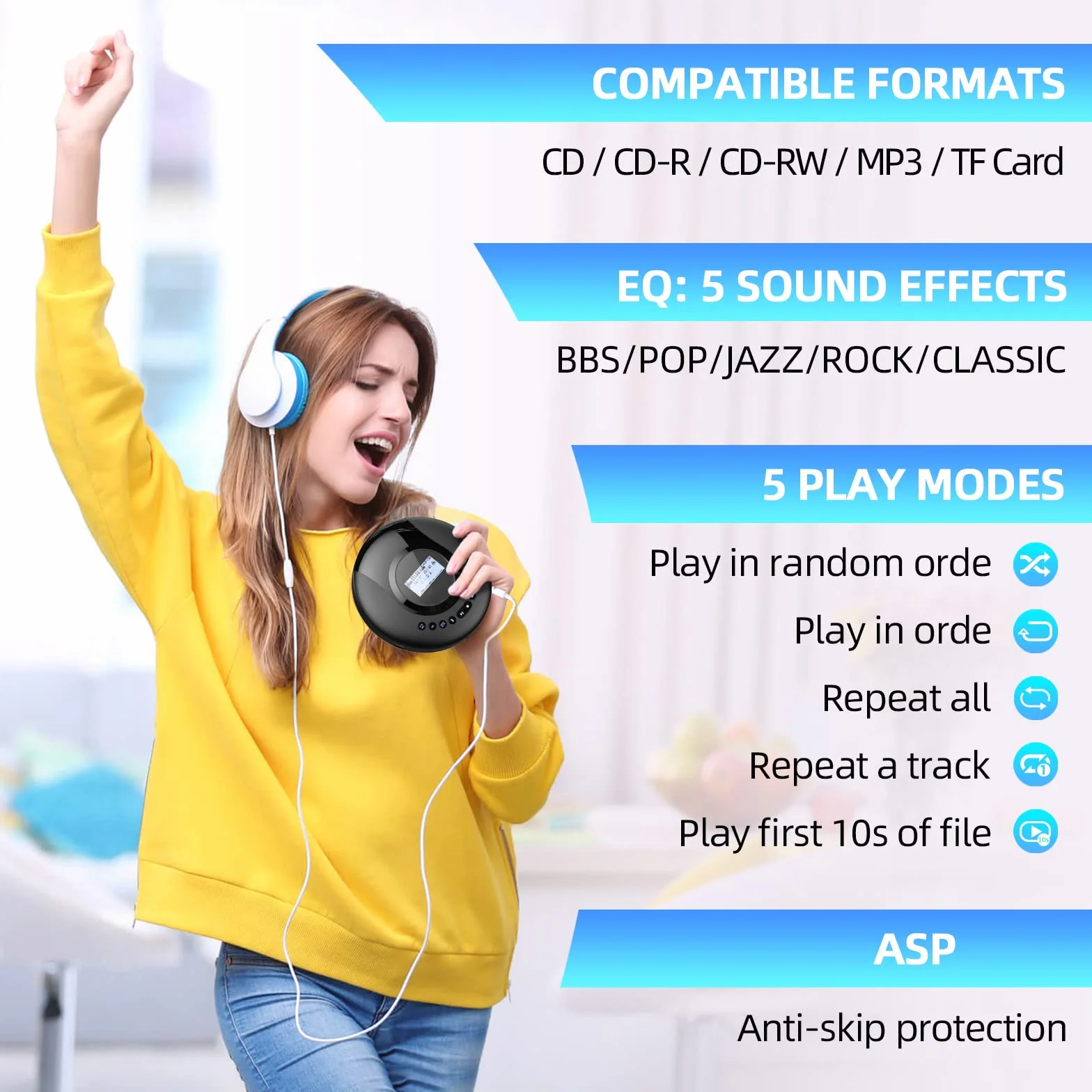 Przenośny odtwarzacz CD, przenośny odtwarzacz CD Arafuna Bluetooth do samochodu i dzieci, akumulator 2000 mAh Odtwarzacz CD Discman z ekranem LCD, ochrona przeciwwstrząsowa Odtwarzacz CD FM