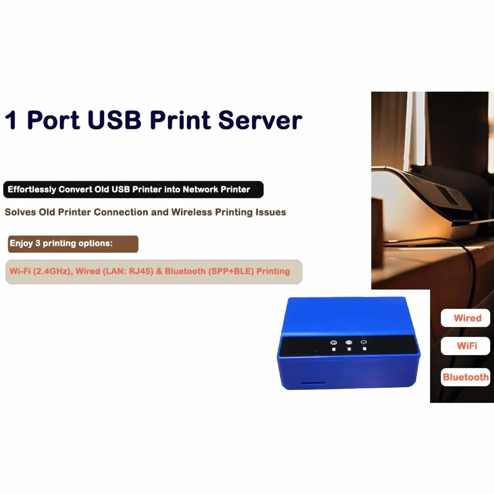 Bluetooth Ethernet WiFi Printing Server do drukarki USB, Wtyczka UE