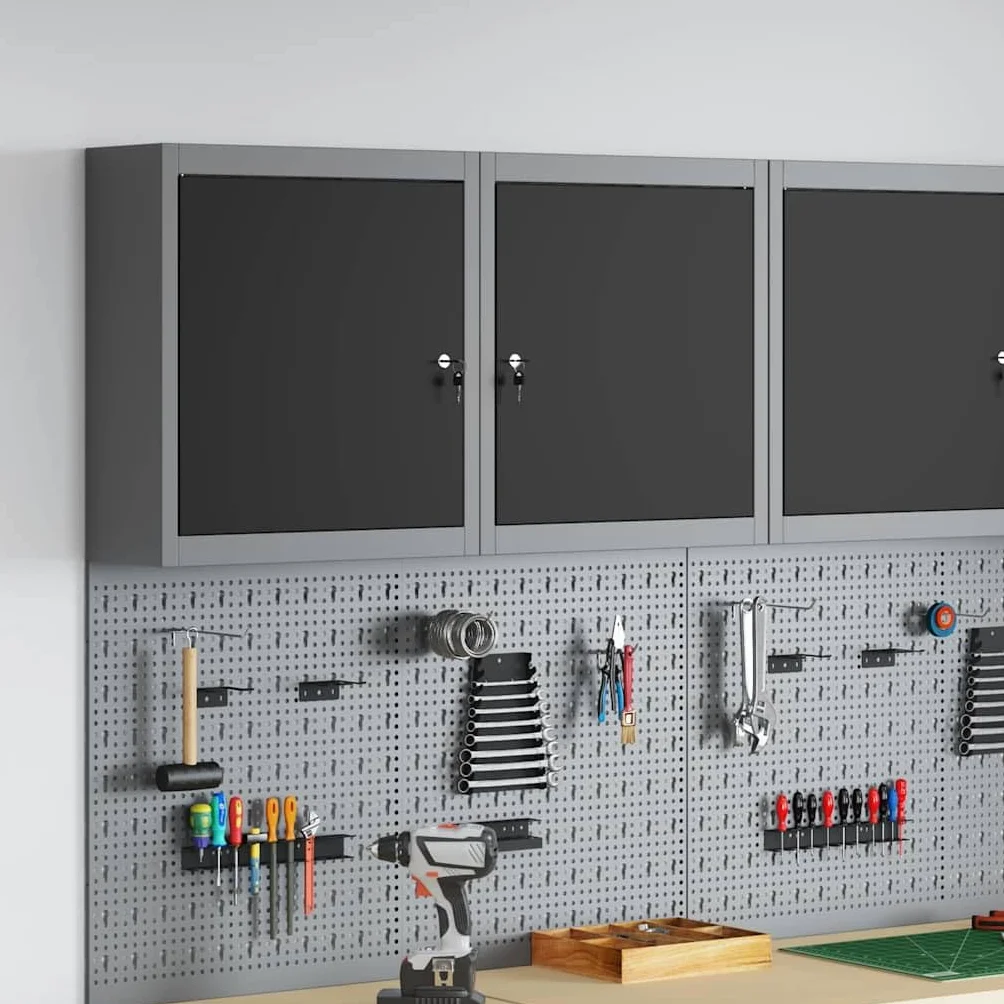 Szafka narzędziowa ze stali i materiału drewnopochodnego, czarna i szara, 50 x 20 x 55 cm, z regulowanym regałem i zamkiem na kamerę, do warsztatu, garażu, wózka warsztatowego, system