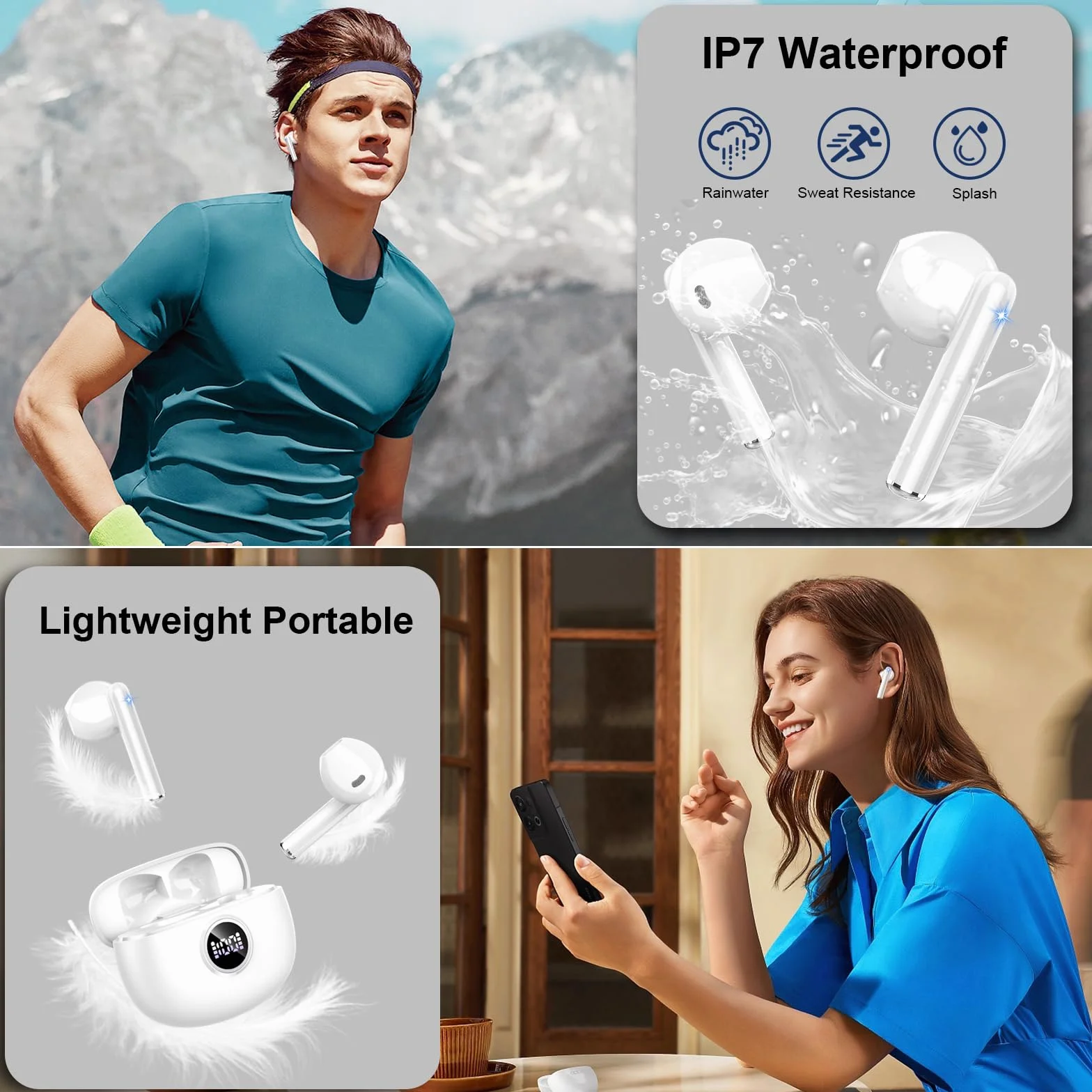 Bezprzewodowe słuchawki Bluetooth 5.3 Stereo z ENC, redukcją szumów, 40h, IP7 wodoodporne