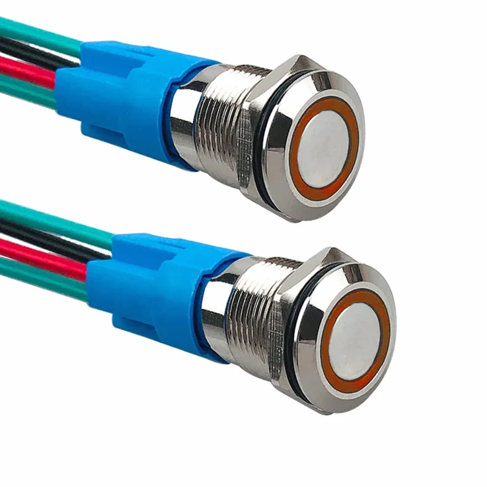 2 sztuki 12 mm przełącznik przyciskowy chwilowy, 12 V / 24 V 3A wodoodporny przełącznik przyciskowy ze stali nierdzewnej IP66, z wtyczką przewodową (żółta dioda LED)