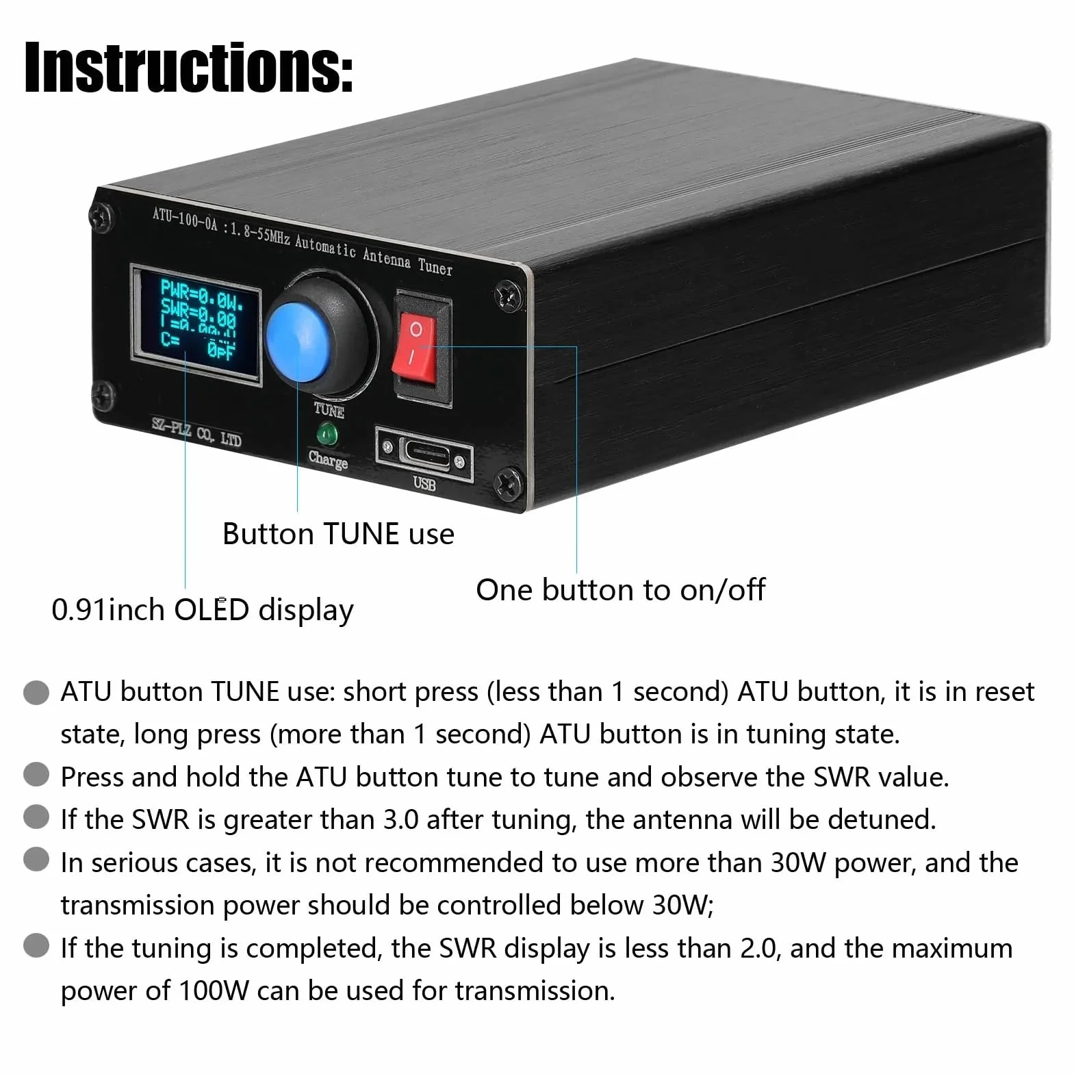 Miniautomatyczny Tuner Antenowy, ATU‑100 Minituner Antenowy Wyświetlacz 0,96 Cala Ładowanie Przez USB Tuner Radiowy 1,8‑55 MHz ATU‑100
