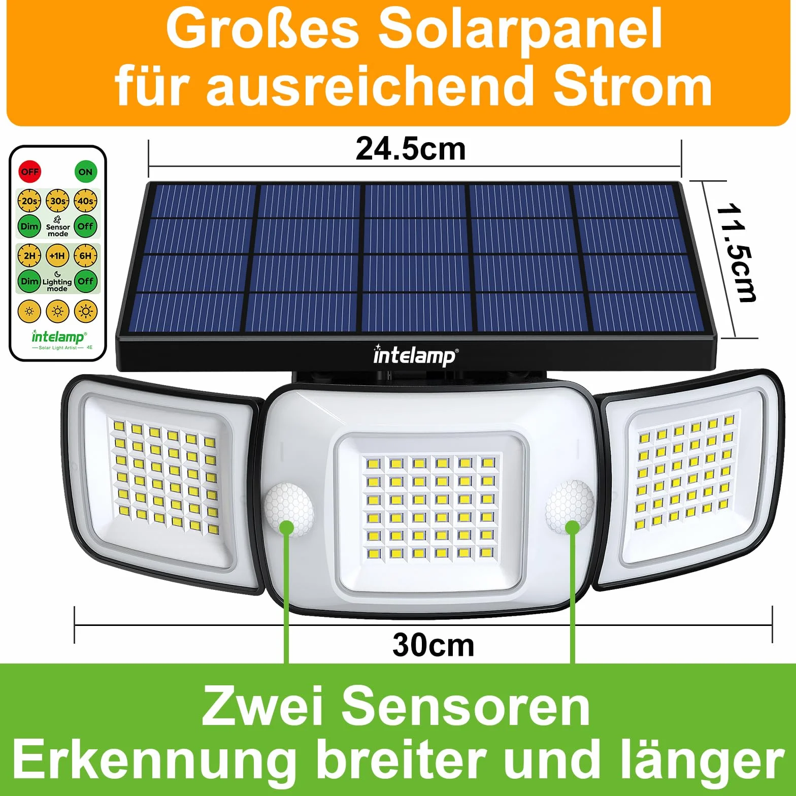 INTELAMP Zewnętrzne lampy solarne z czujnikiem ruchu i pilotem zdalnego sterowania, 6000 mAh, 1200 lumenów, oświetlenie 270°, 4 tryby, lampa ścienna do użytku na zewnątrz