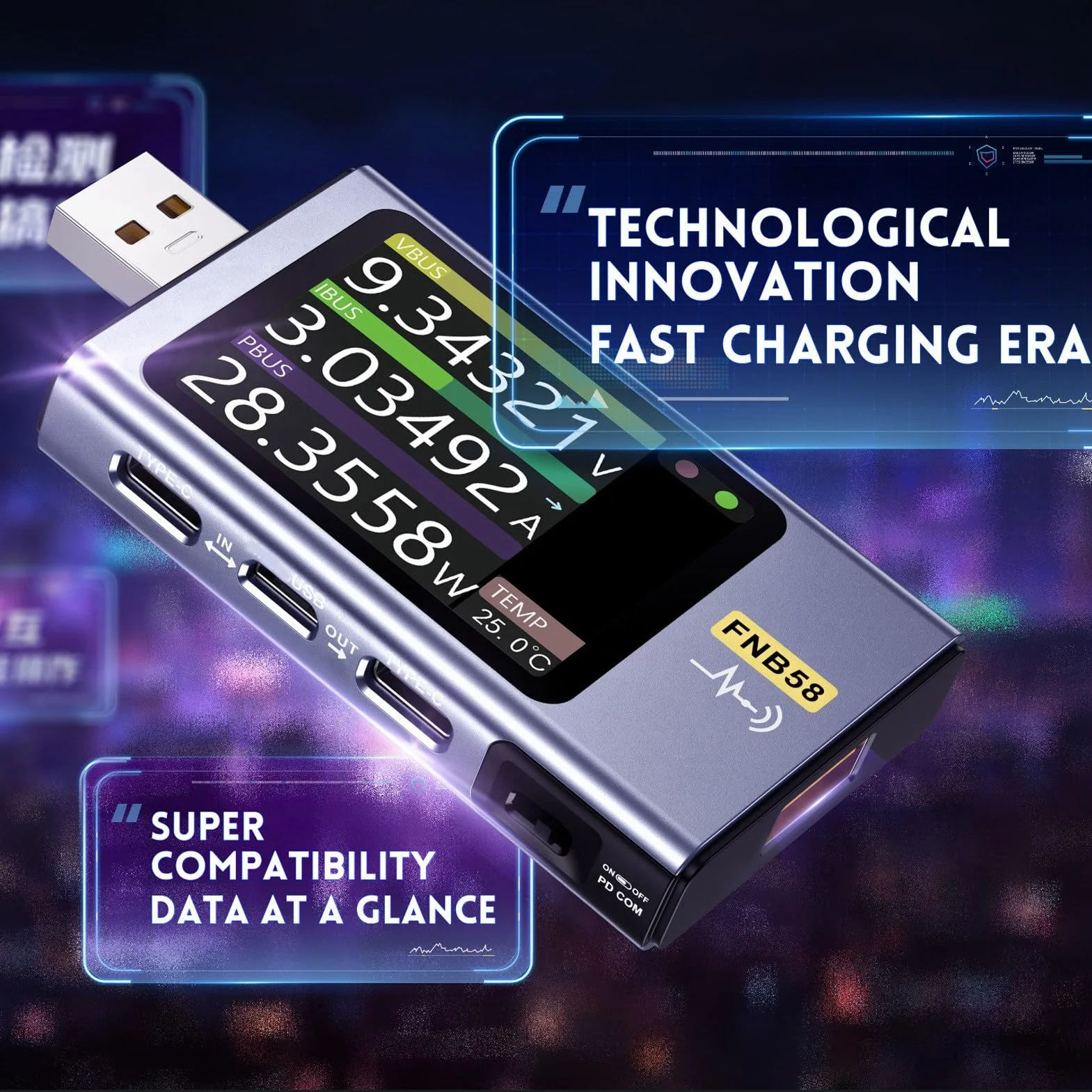 Tester USB 4-28 V 0-7 A 0-140 W, USB Tester Napięcia Prądu Przemiennego, Prądu i Mocy Multimetr, Szybkie ładowanie Pomiar Zdolności Wykrywania za pomocą 2,0-calowego Ekranu LCD o