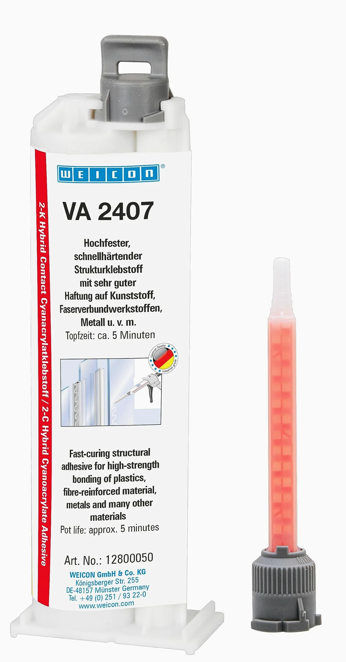 WEICON VA 2407, dwuskładnikowy klej cyjanoakrylowy CA, 50 g, klej konstrukcyjny do metalu i tworzyw sztucznych, bezbarwny