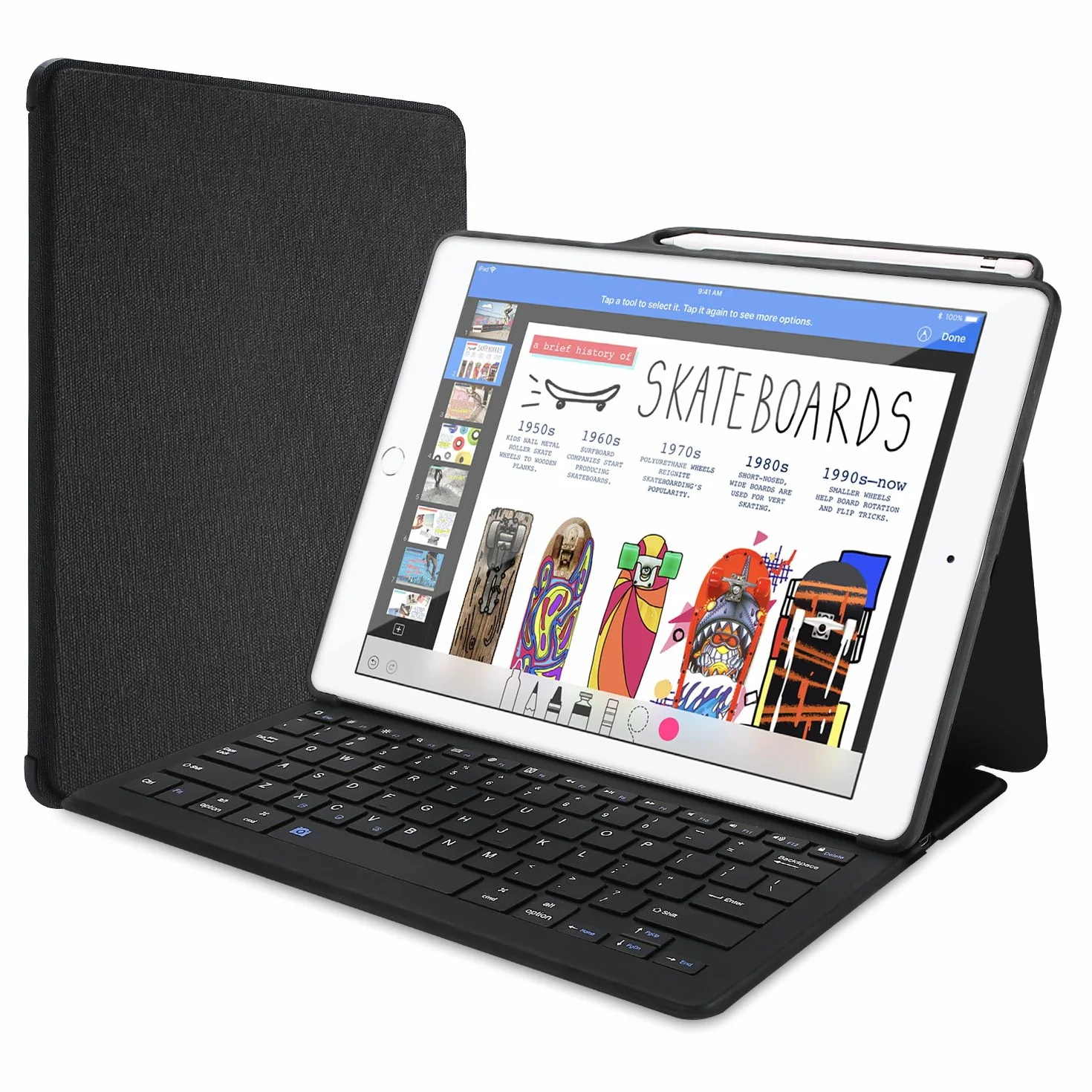 ProCase US-English Keyboard Case for iPad Pro 12,9" 2017/2015 (1st / 2. generacji), wbudowany uchwyt na iPencil, lekka obudowa ochronna z klawiaturą bezprzewodową – czarna