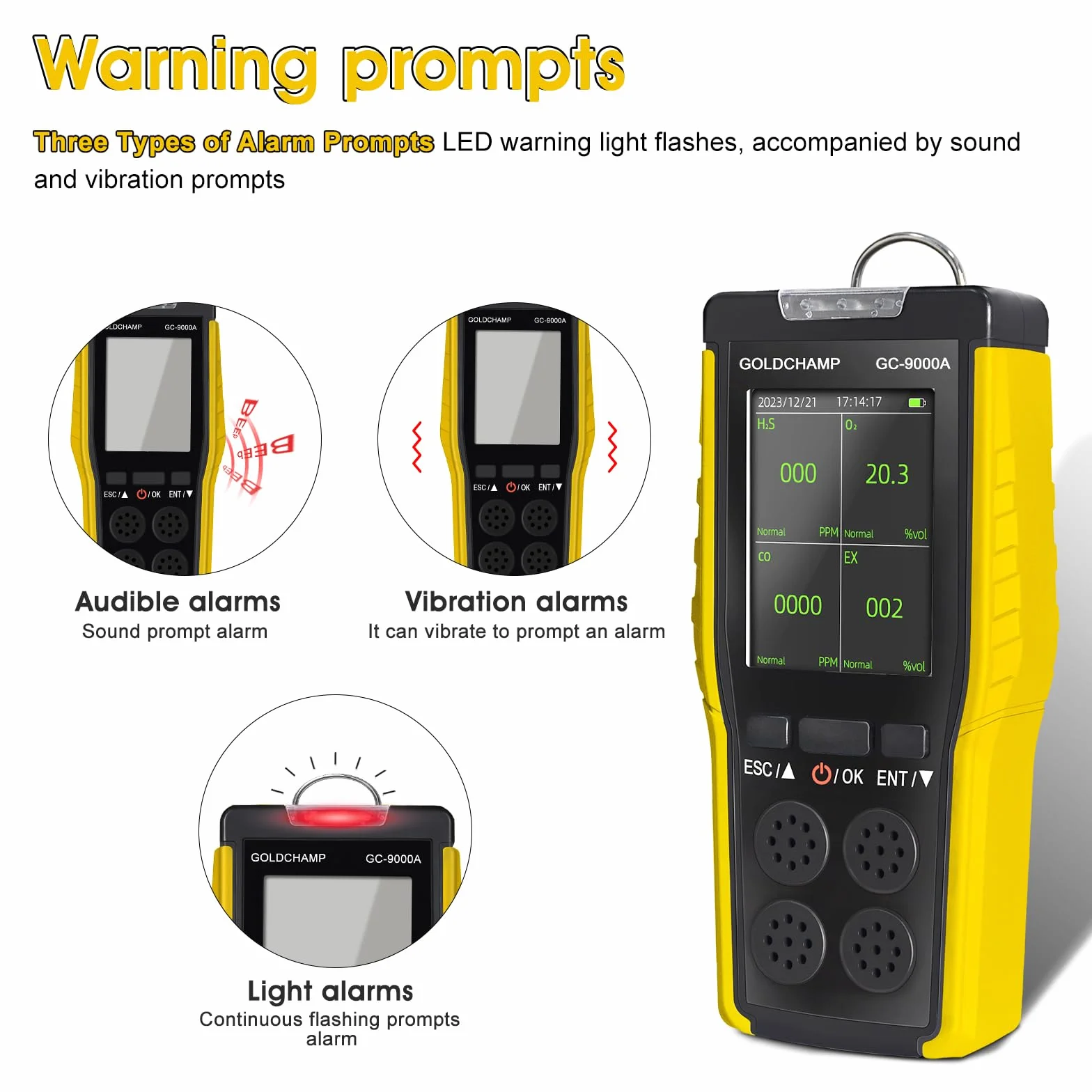 Detektor gazu 4 w 1 do palnych/O2/H2S/CO, alarmu dźwiękowego/świetlnego/wibracyjnego i wyświetlacza LCD, detektorów wycieku gazu do domu + anemometru ręcznego, 5 jednostek i przełącznik ℃/℉, miernik