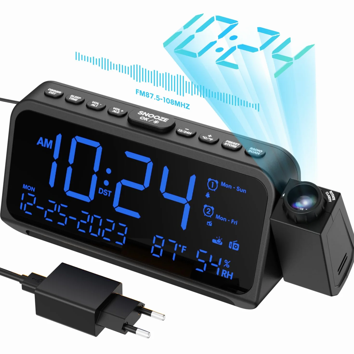 ROCAM Budzik radiowy z projektorem cyfrowy ściemniacz ładowarka USB-C głośny tryb weekendowy data temperatura nocne