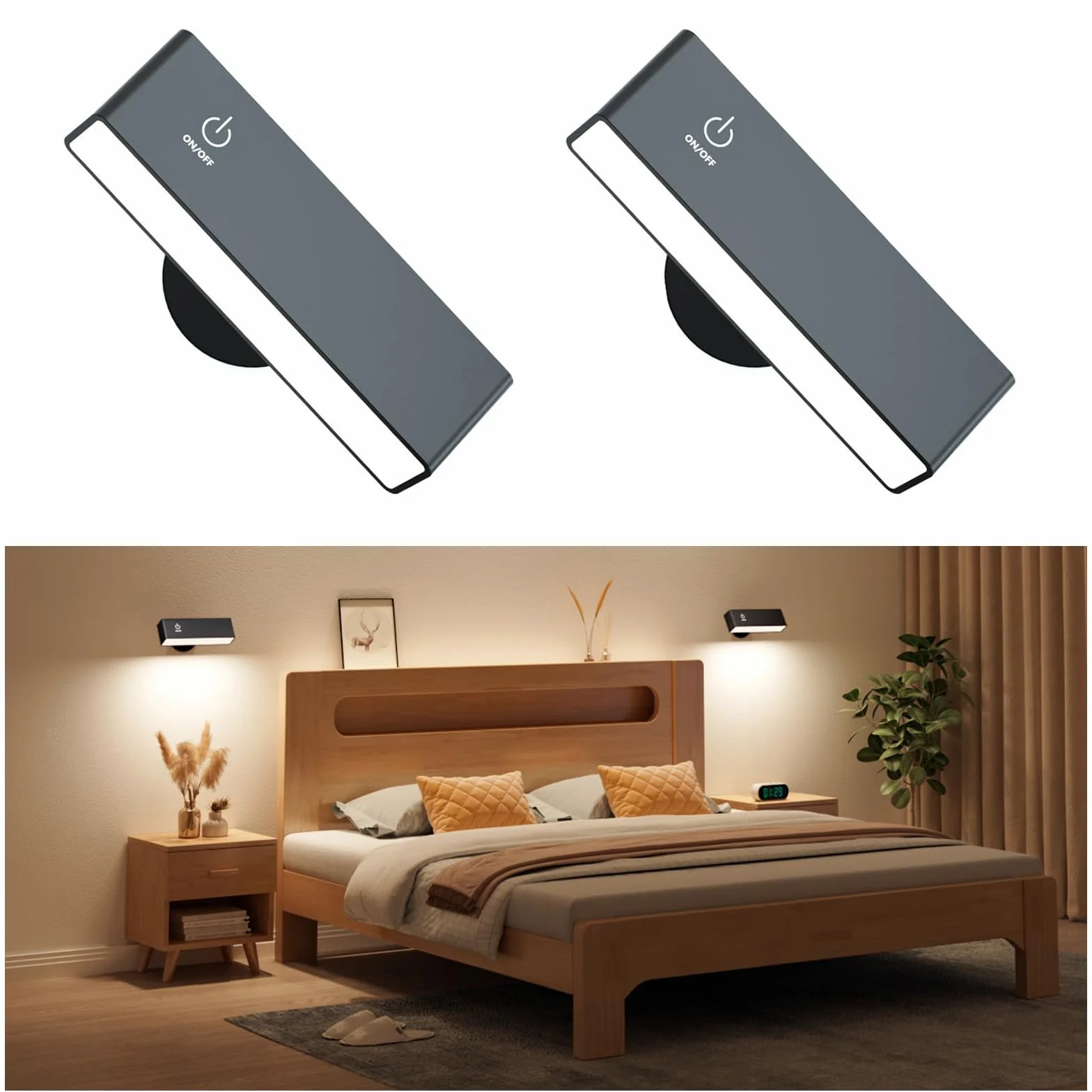 YiLaie Lampa ścienna LED do wnętrz 2 szt., z baterią 4000 mAh, obrót 360°, regulacja jasności, bezprzewodowa lampa ścienna, dotykowa lampka nocna, lampka do czytania, czarna