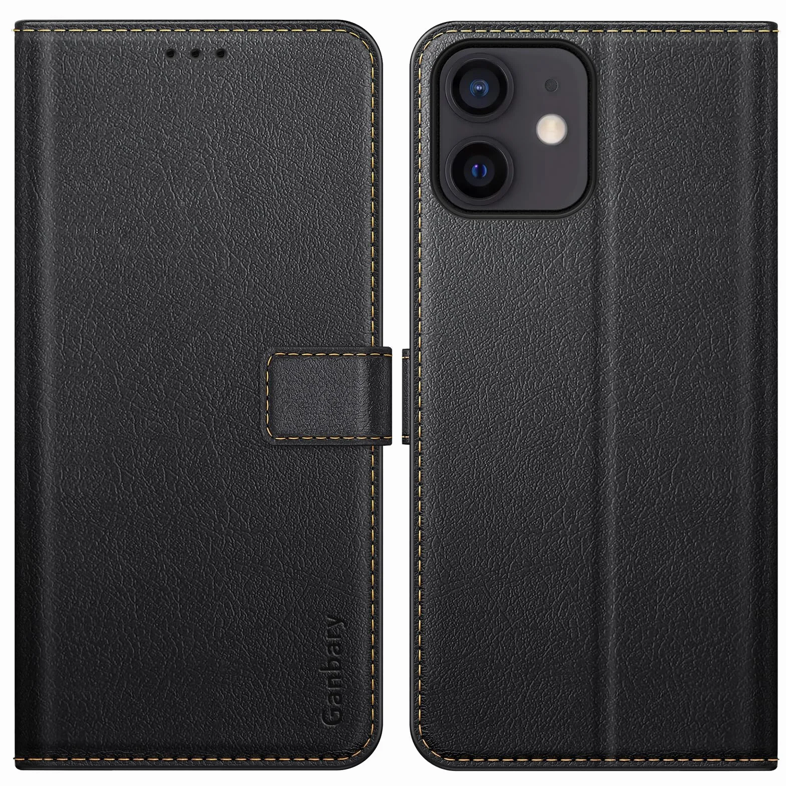 Ganbary Etui kompatybilne z iPhone 12/12 Pro, wysokiej jakości skóra PU z klapką portfel etui na telefon [pełna ochrona] [przegródki na karty] [podpórka] dla iPhone'a 12/12 Pro, czarne