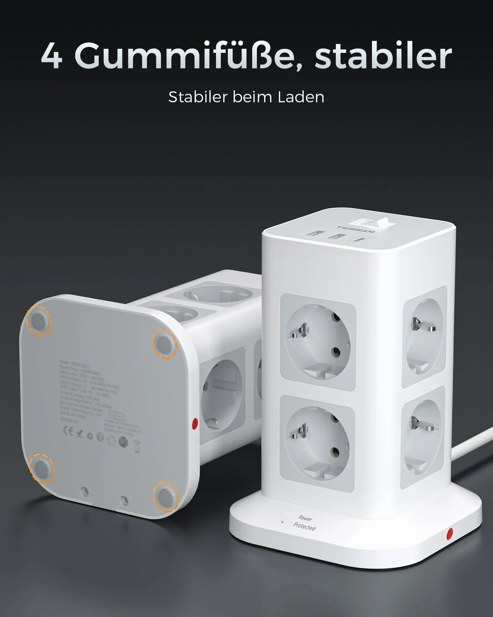 TESSAN Wieżowa listwa zasilająca z 8 gniazdami, przeciwprzepięciowe, 2 portami USB A i 1 USB C gniazdo wtykowe, listwa sieciowa z wyłącznikiem i przedłużaczm 3 metry, 3600W, szaro biały