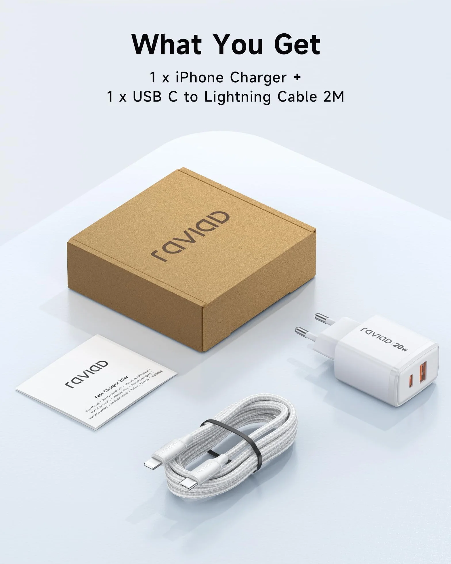 RAVIAD Ładowarka 20W Kabel USB-C na Lightning 2M MFi do iPhone 14 Pro Max 13 Plus 12 11 SE X iPad