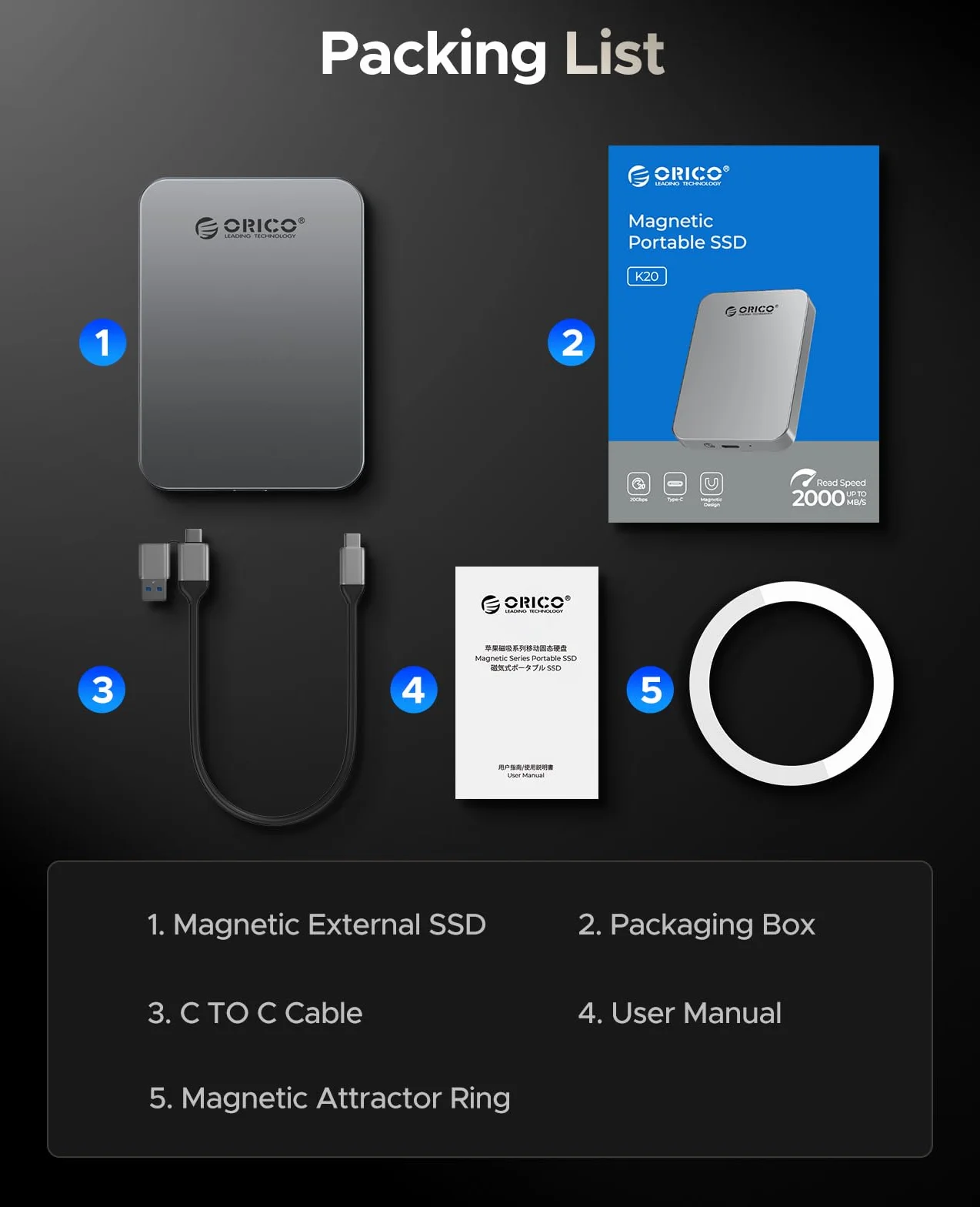 ORICO 512GB SSD zewnętrzny magnetyczny USB 3.2 Gen1 460MB/s iPhone 16 Pro Max